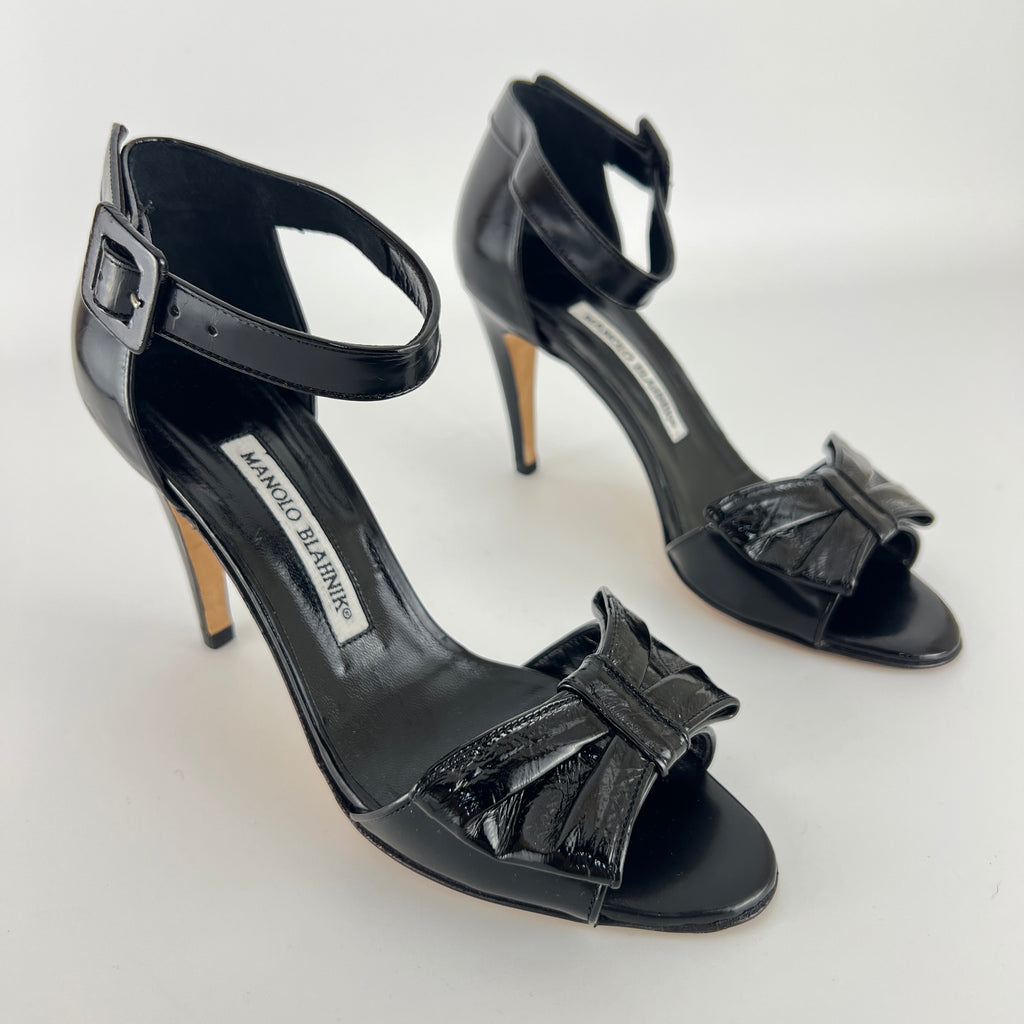 Manolo Blahnik | Black Patent Leather Bow Ankle Wrap Sandal Heels (36.5)