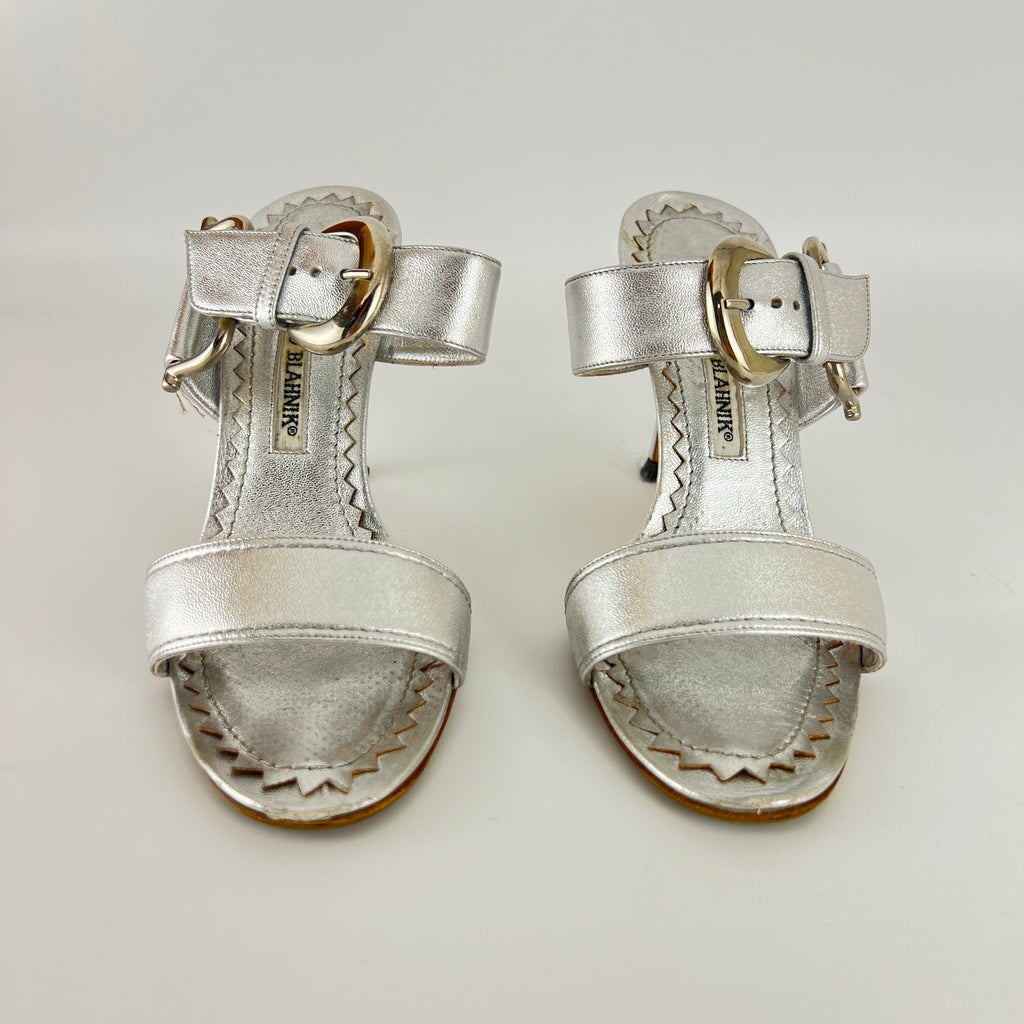 Manolo Blahnik | Metallic Silver Buckle Horsebit Detail Dual Strap Mules (34.5)