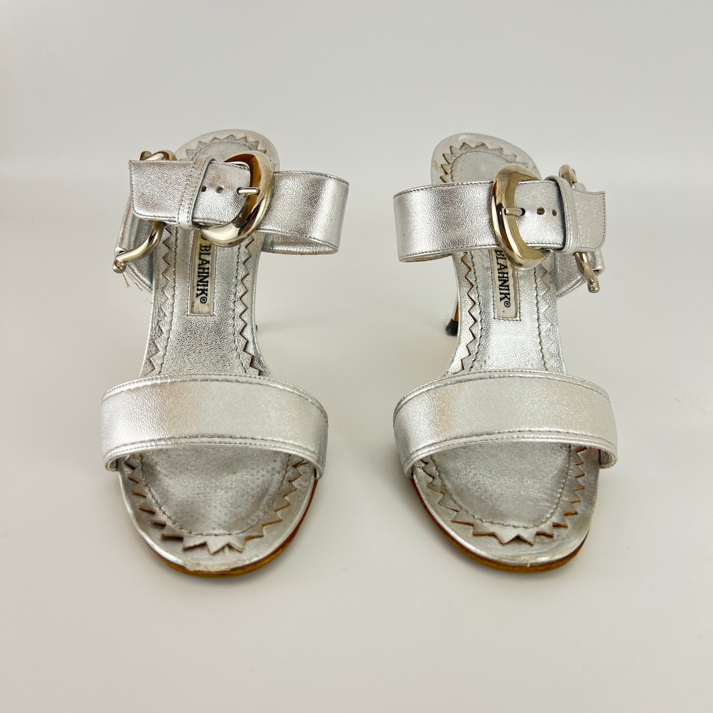 Manolo Blahnik | Metallic Silver Buckle Horsebit Detail Dual Strap Mules (34.5)
