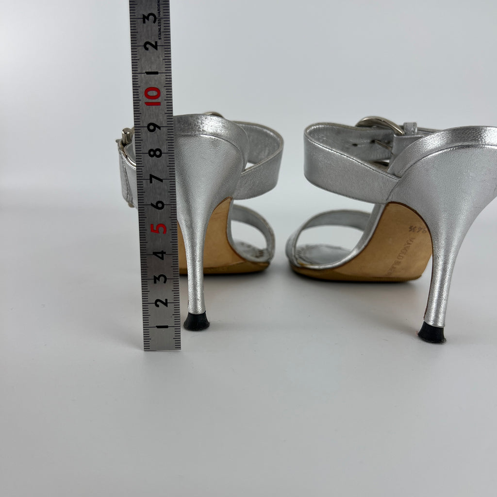 Manolo Blahnik | Metallic Silver Buckle Horsebit Detail Dual Strap Mules (34.5)