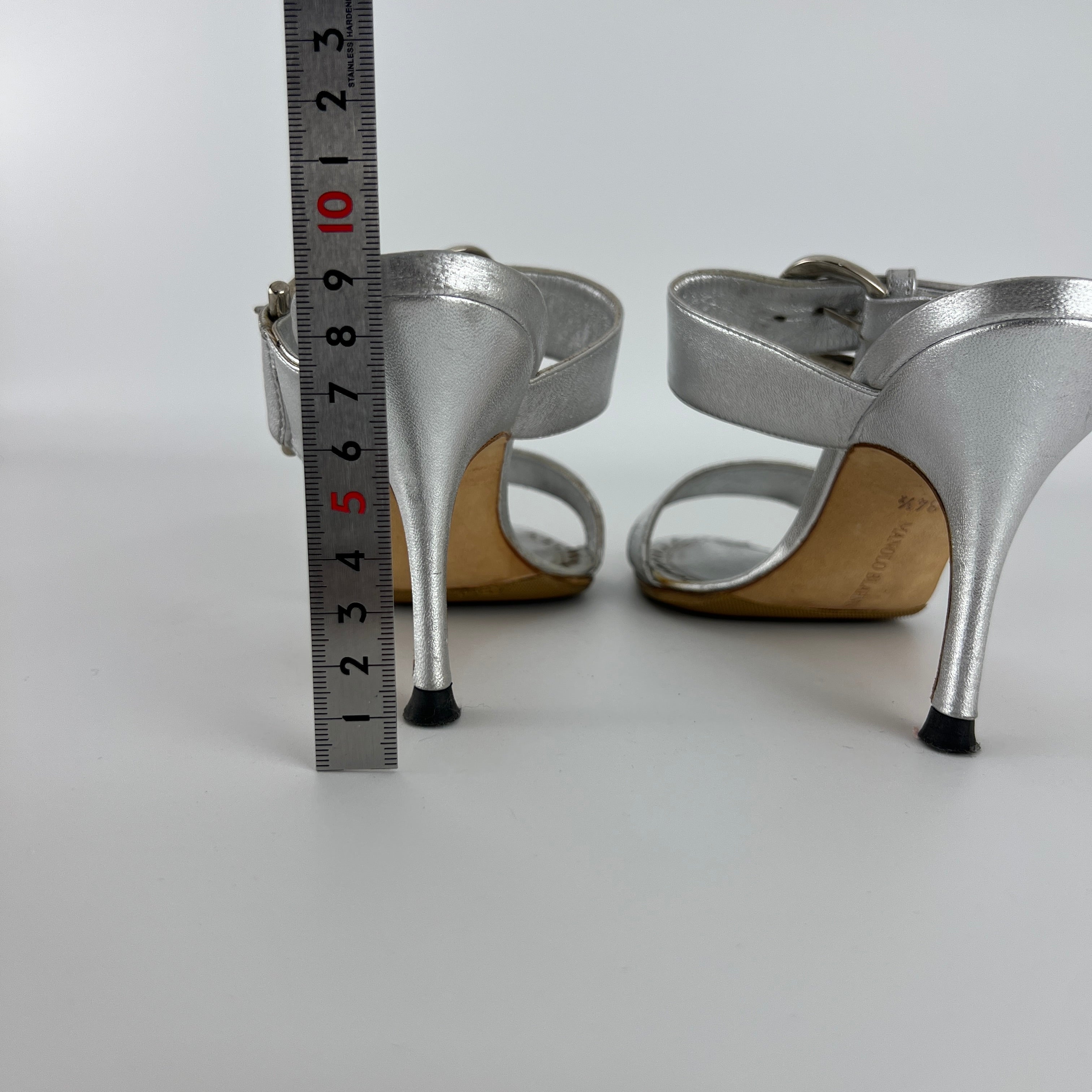 Manolo Blahnik | Metallic Silver Buckle Horsebit Detail Dual Strap Mules (34.5)
