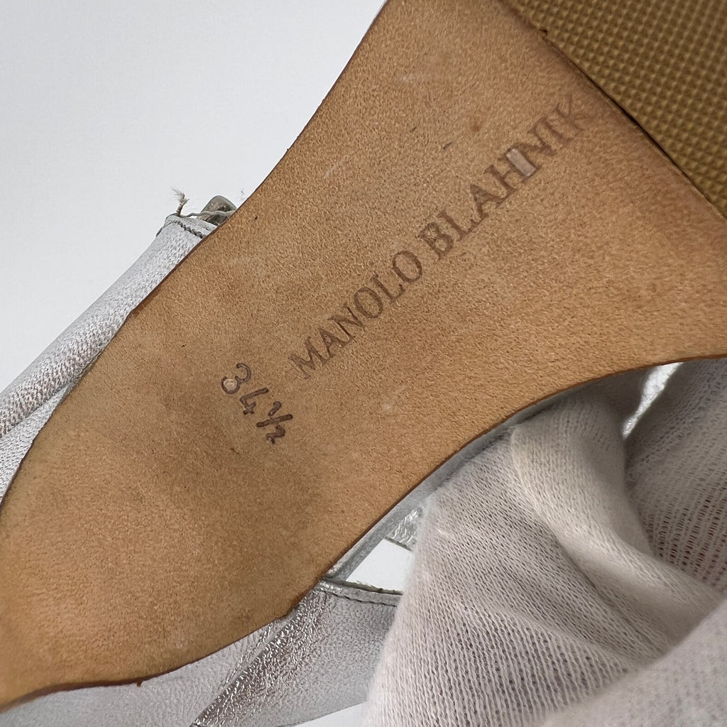 Manolo Blahnik | Metallic Silver Buckle Horsebit Detail Dual Strap Mules (34.5)