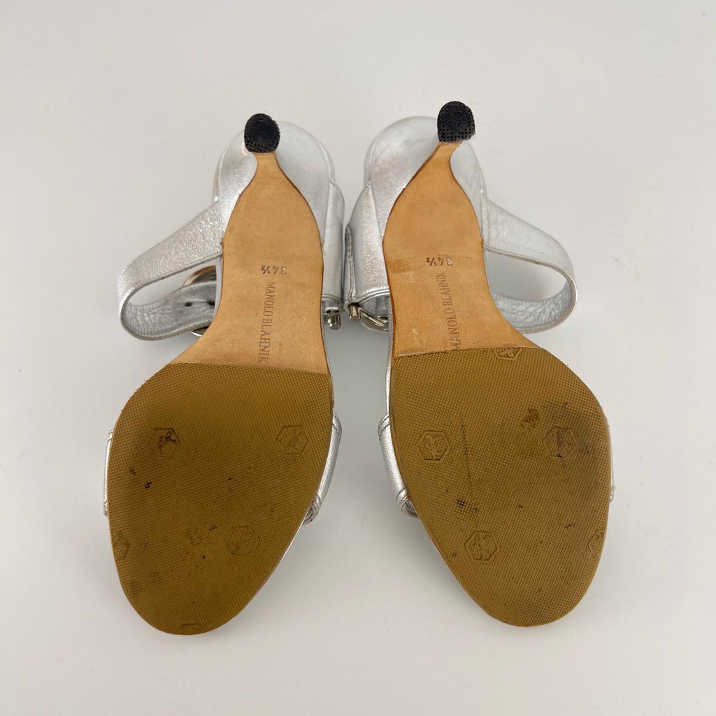 Manolo Blahnik | Metallic Silver Buckle Horsebit Detail Dual Strap Mules (34.5)