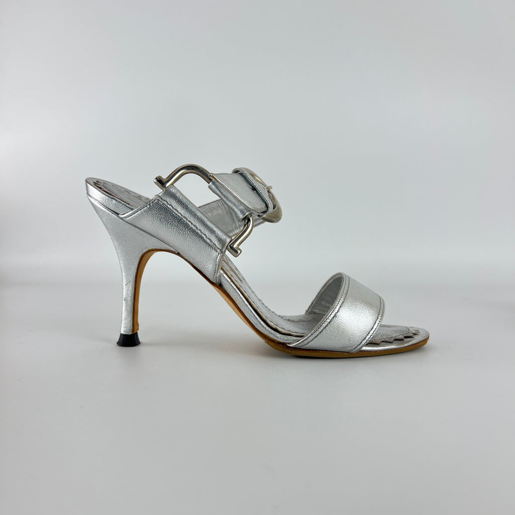 Manolo Blahnik | Metallic Silver Buckle Horsebit Detail Dual Strap Mules (34.5)