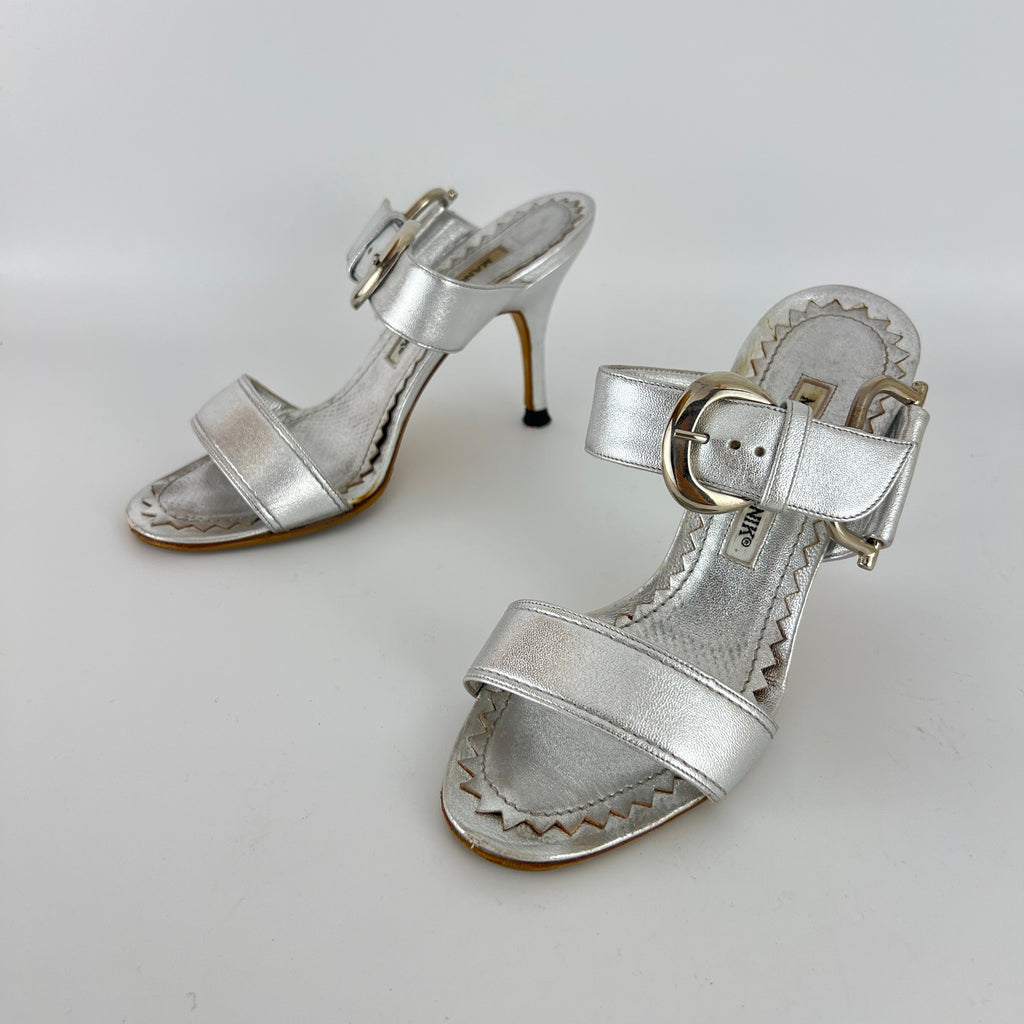 Manolo Blahnik | Metallic Silver Buckle Horsebit Detail Dual Strap Mules (34.5)