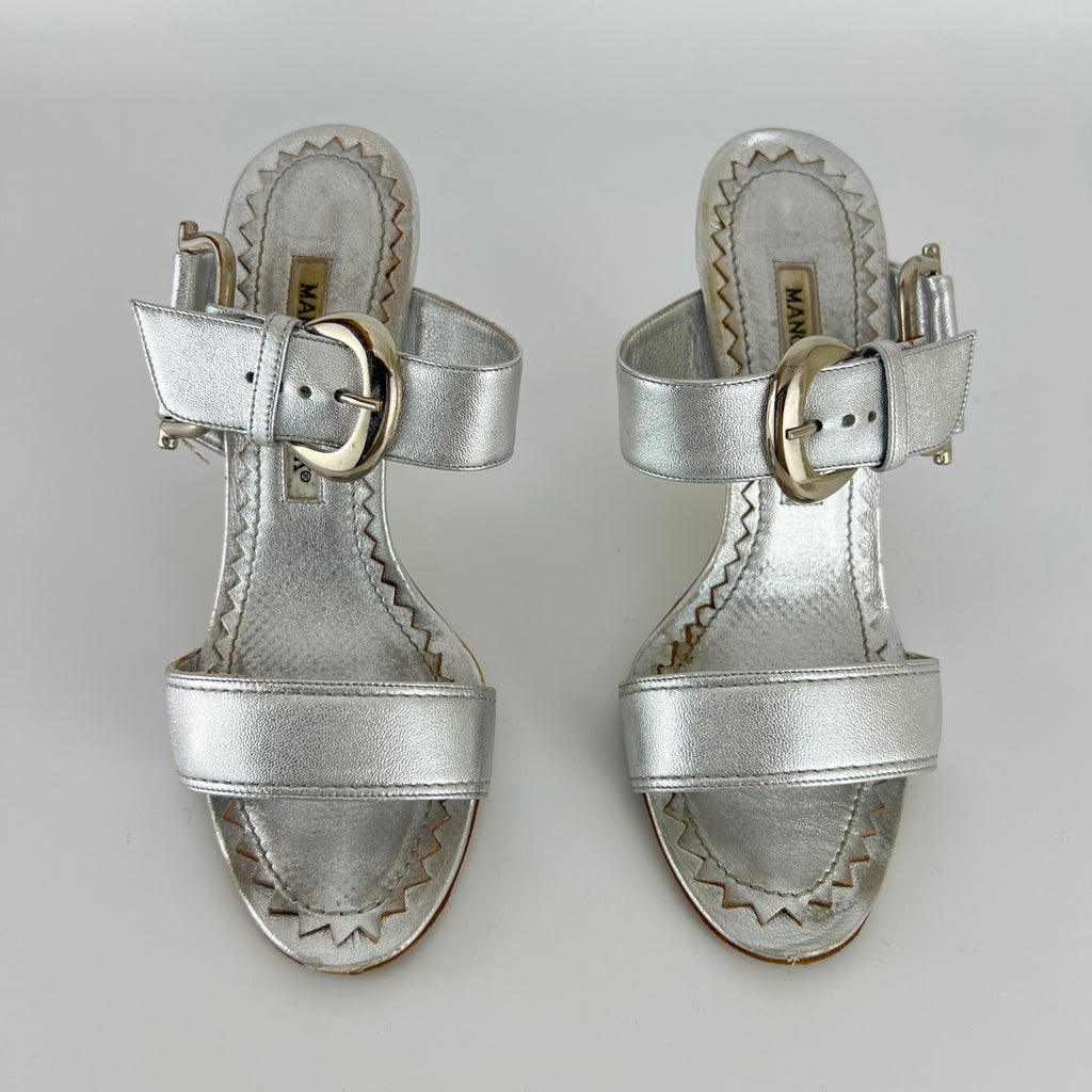 Manolo Blahnik | Metallic Silver Buckle Horsebit Detail Dual Strap Mules (34.5)