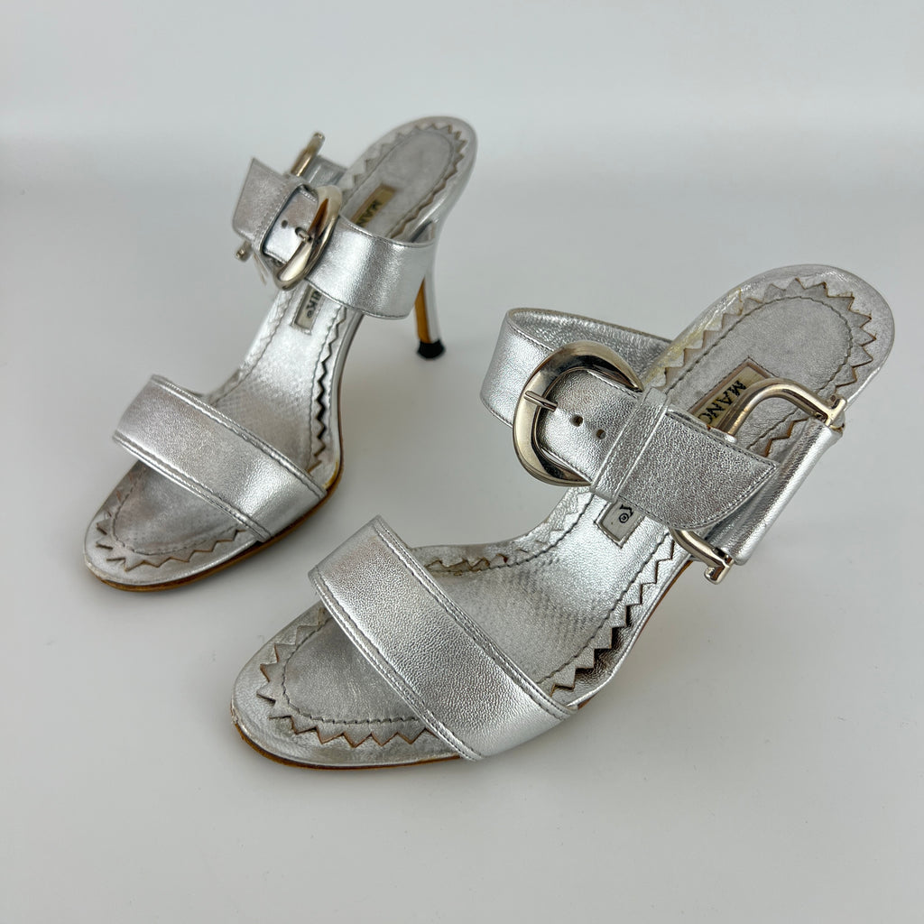 Manolo Blahnik | Metallic Silver Buckle Horsebit Detail Dual Strap Mules (34.5)