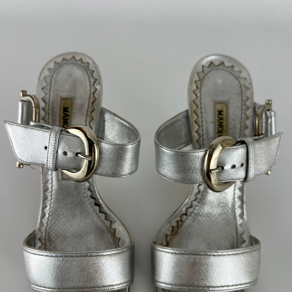 Manolo Blahnik | Metallic Silver Buckle Horsebit Detail Dual Strap Mules (34.5)