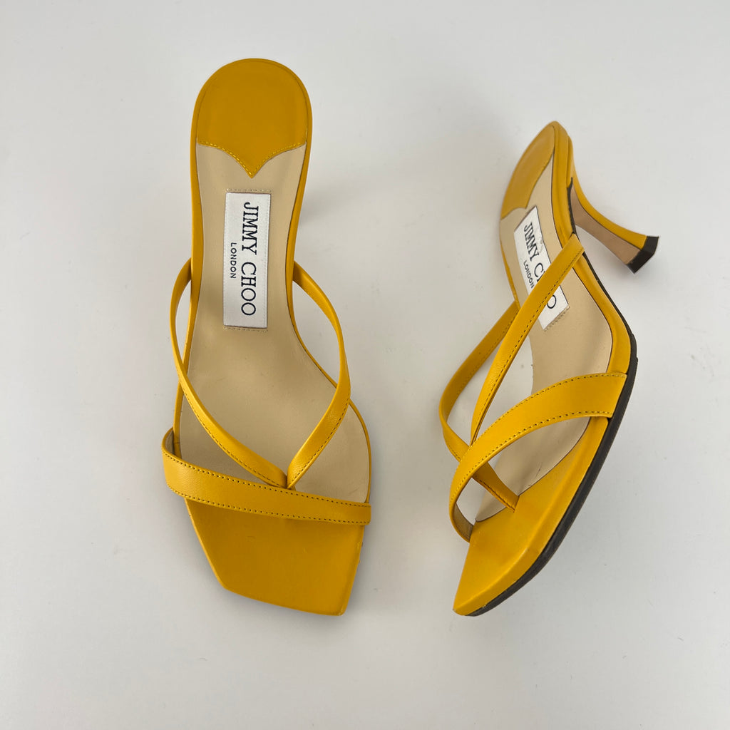 Jimmy Choo | Maelie 70 Yellow Leather Thong Strappy Sandal Mules (35.5)