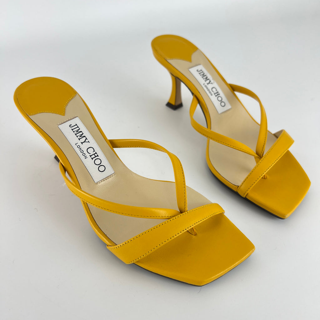 Jimmy Choo | Maelie 70 Yellow Leather Thong Strappy Sandal Mules (35.5)