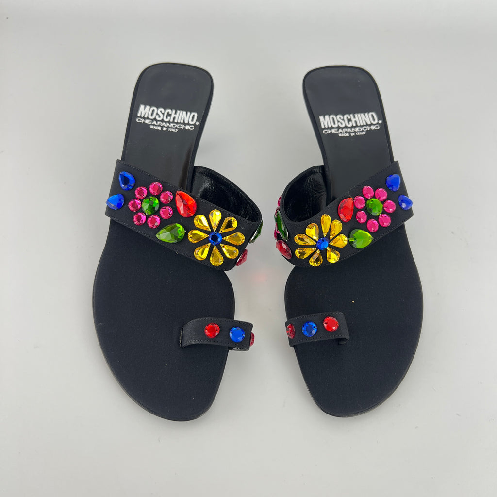 Moschino | Colourful Floral Rhinestone Gems Black Sandal Kitten Heels (36.5)