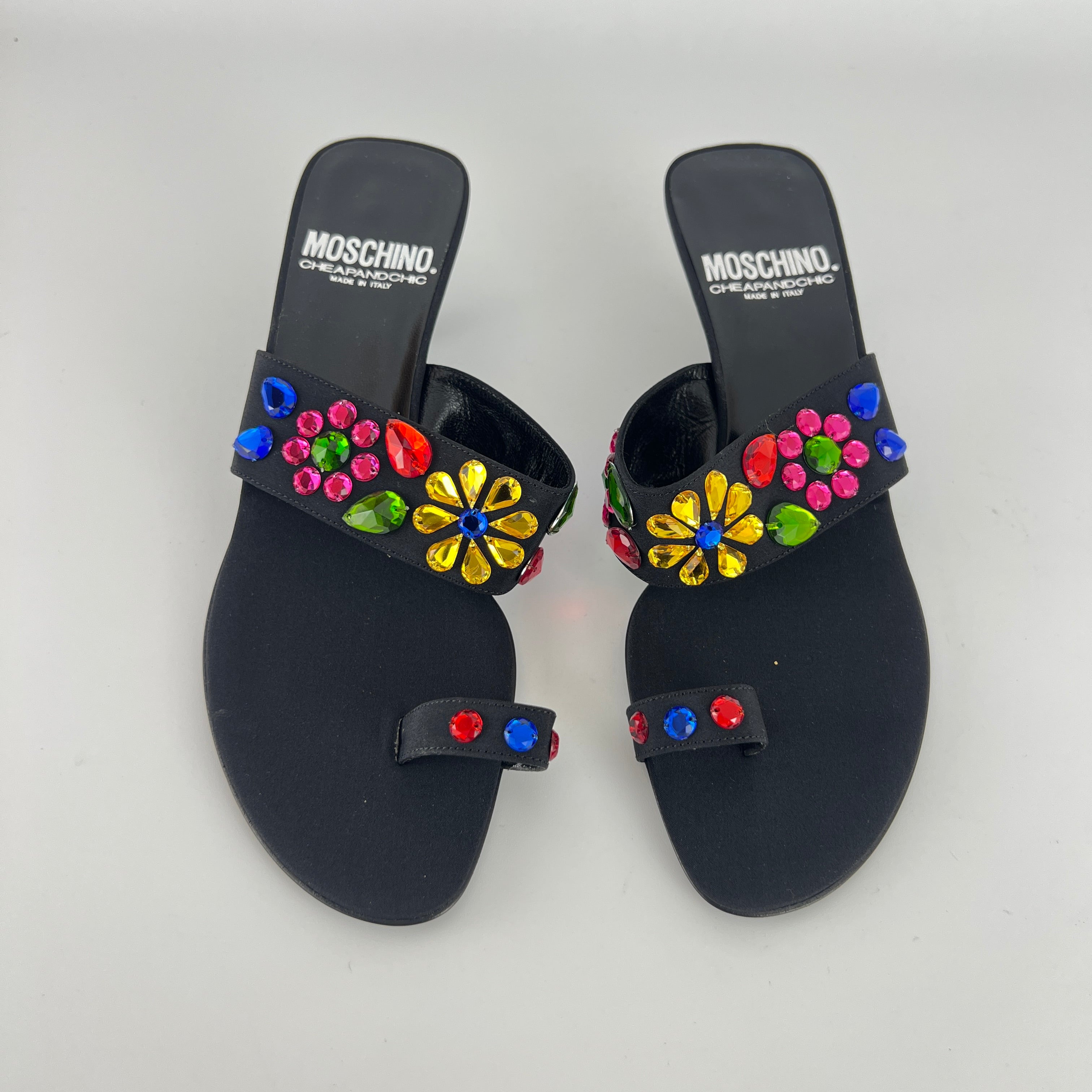 Moschino | Colourful Floral Rhinestone Gems Black Sandal Kitten Heels (36.5)