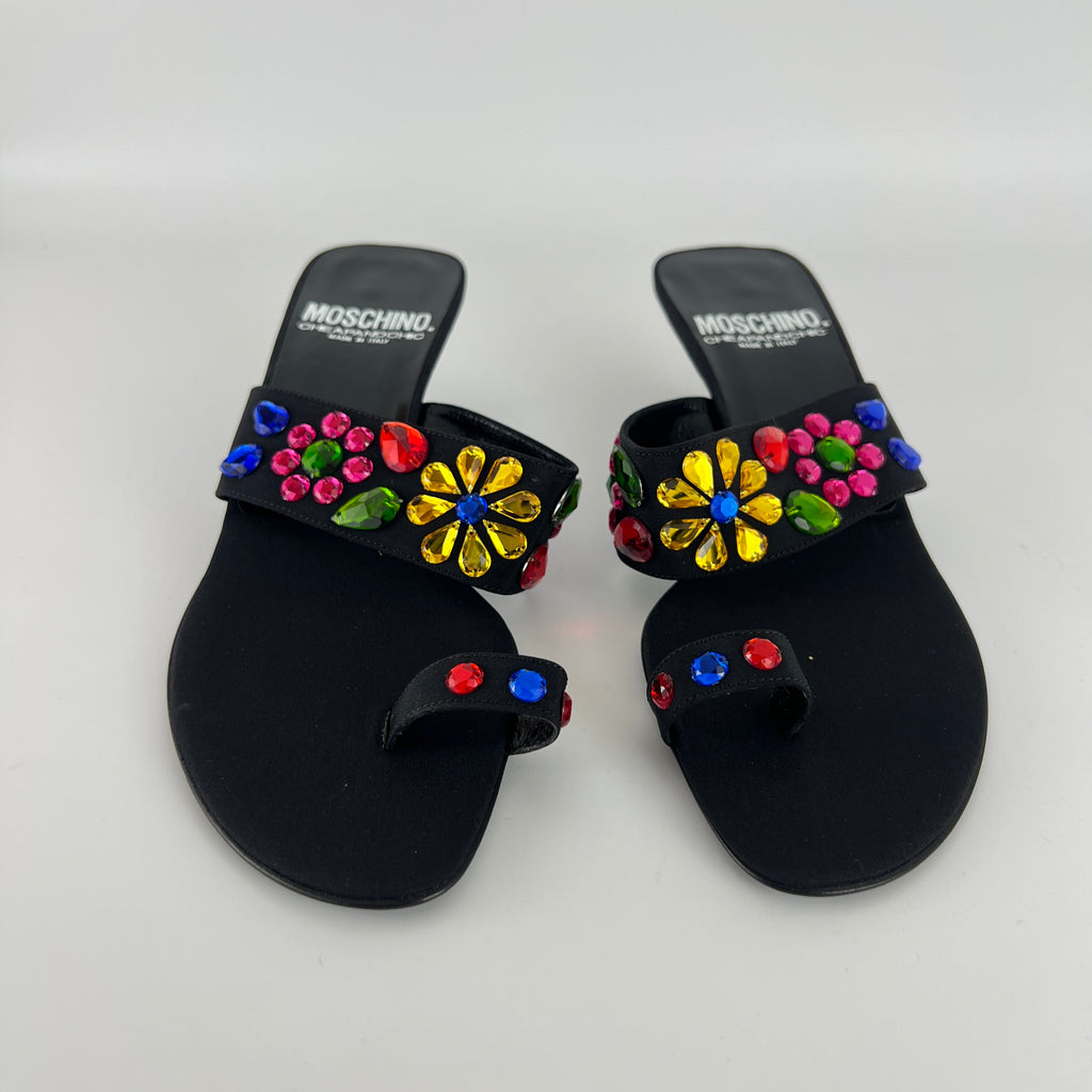 Moschino | Colourful Floral Rhinestone Gems Black Sandal Kitten Heels (36.5)