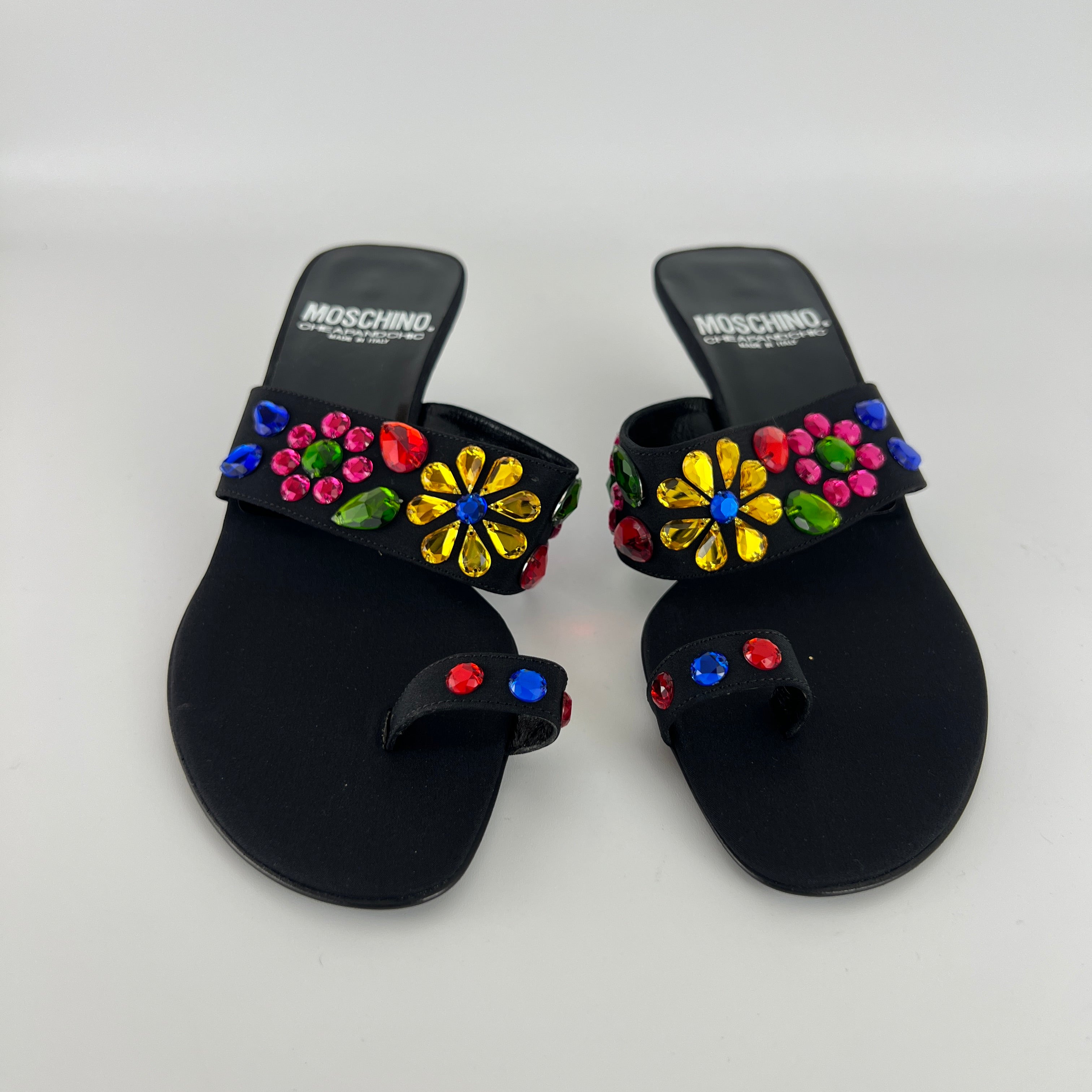 Moschino | Colourful Floral Rhinestone Gems Black Sandal Kitten Heels (36.5)
