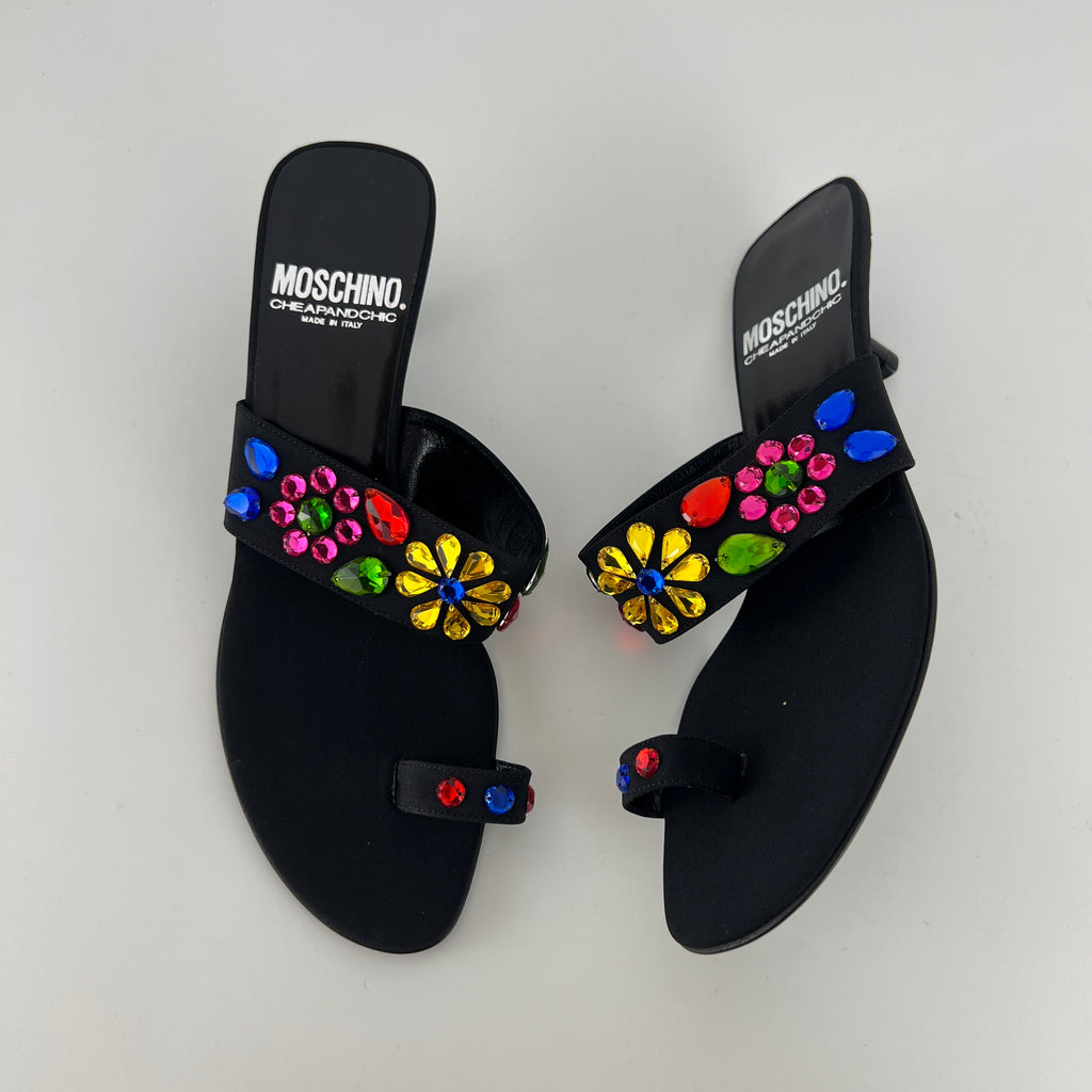 Moschino | Colourful Floral Rhinestone Gems Black Sandal Kitten Heels (36.5)