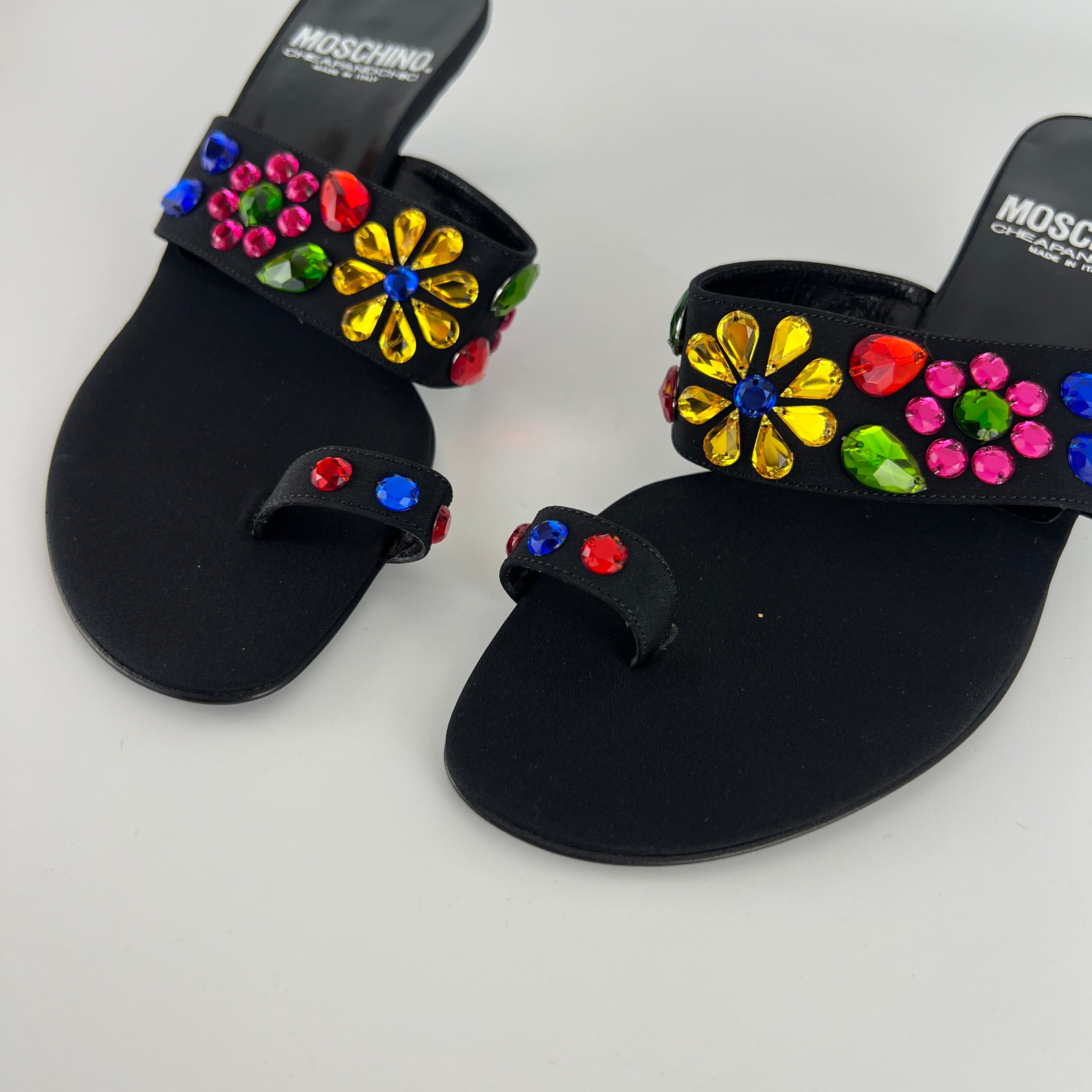 Moschino | Colourful Floral Rhinestone Gems Black Sandal Kitten Heels (36.5)