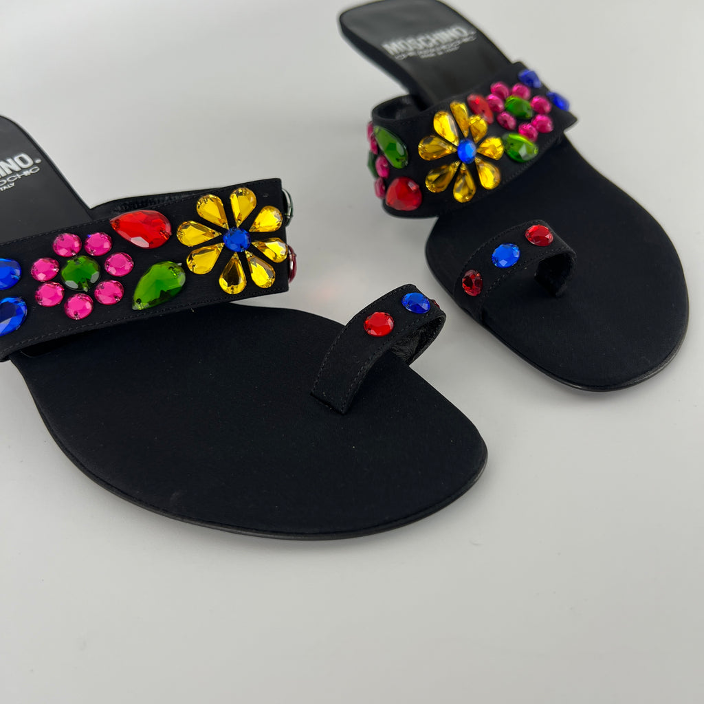 Moschino | Colourful Floral Rhinestone Gems Black Sandal Kitten Heels (36.5)