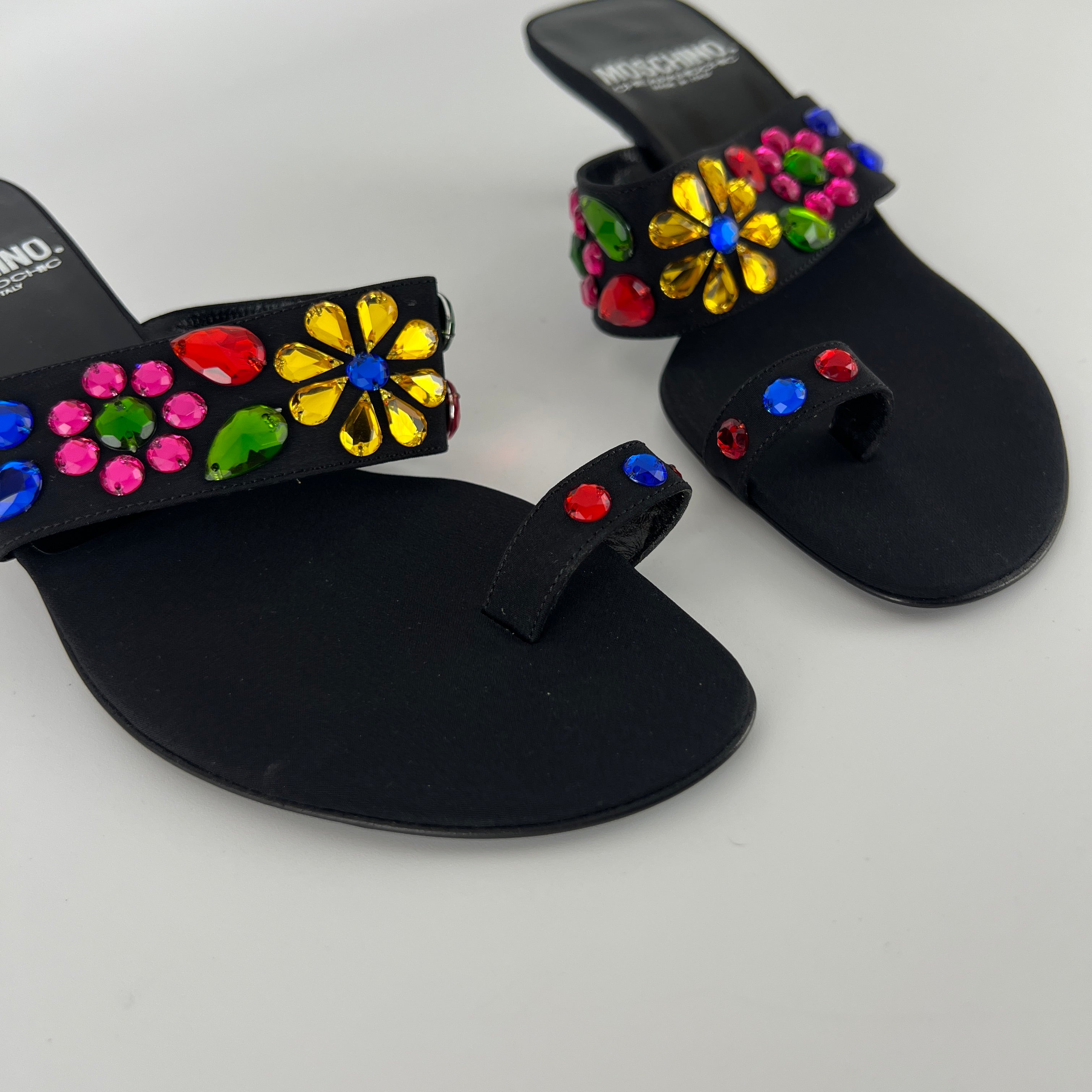 Moschino | Colourful Floral Rhinestone Gems Black Sandal Kitten Heels (36.5)