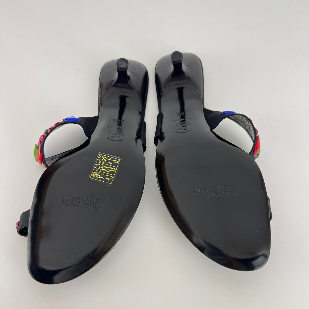 Moschino | Colourful Floral Rhinestone Gems Black Sandal Kitten Heels (36.5)