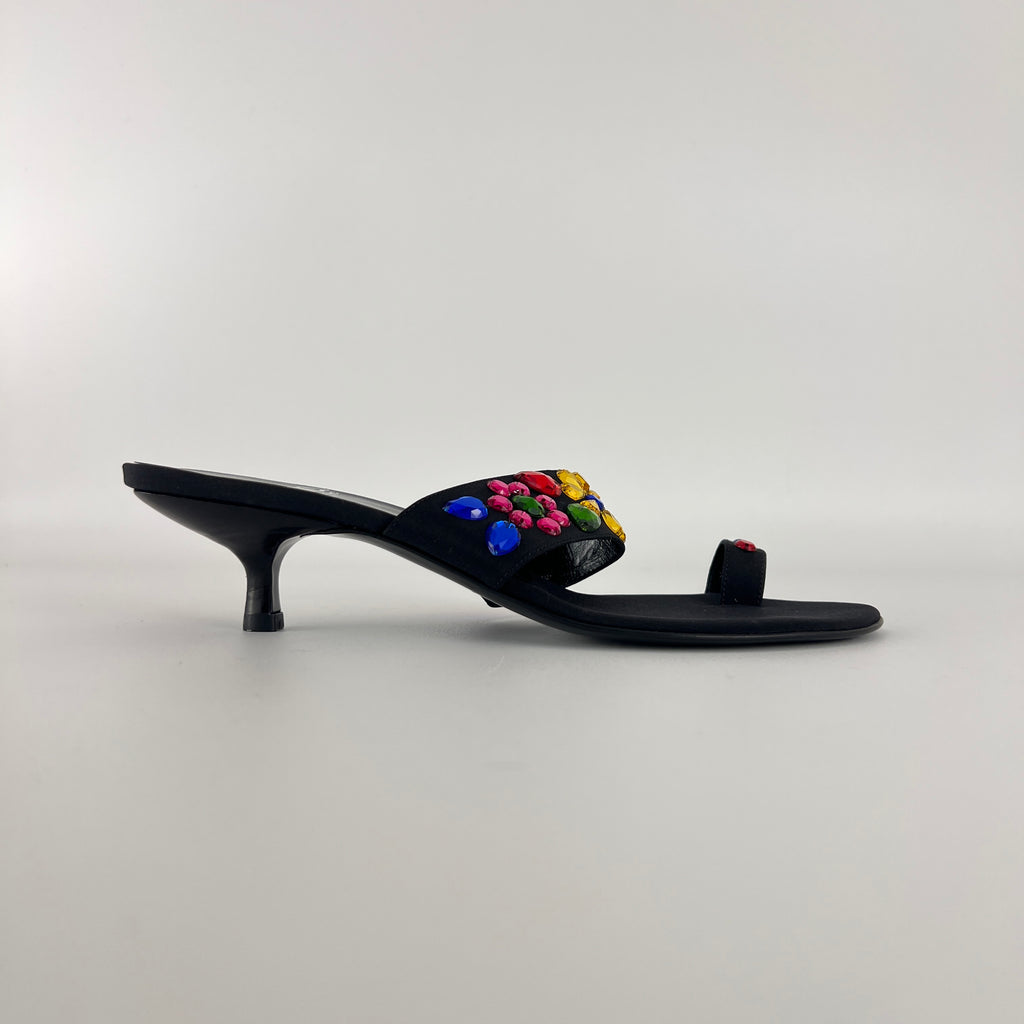 Moschino | Colourful Floral Rhinestone Gems Black Sandal Kitten Heels (36.5)