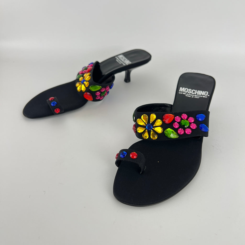 Moschino | Colourful Floral Rhinestone Gems Black Sandal Kitten Heels (36.5)