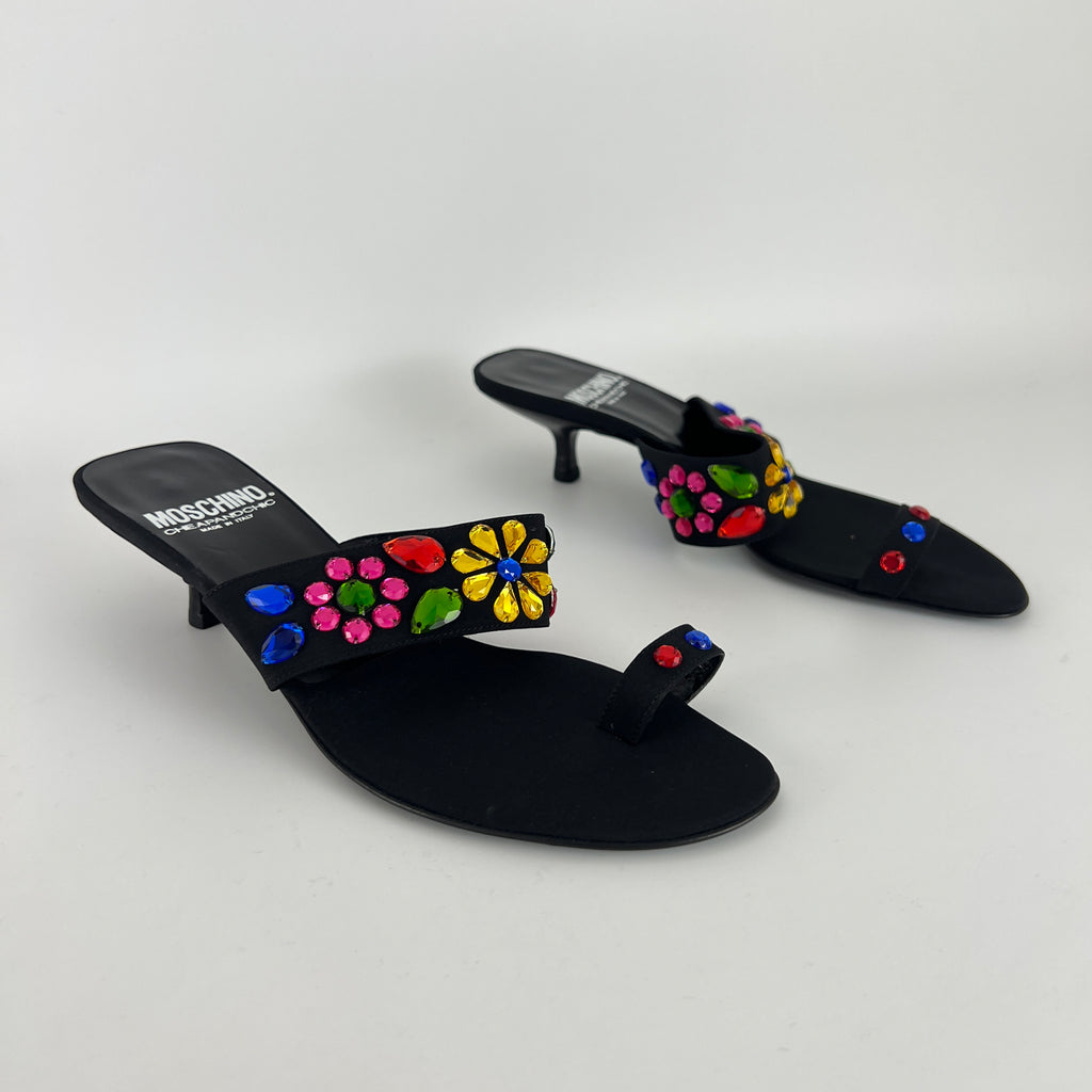 Moschino | Colourful Floral Rhinestone Gems Black Sandal Kitten Heels (36.5)