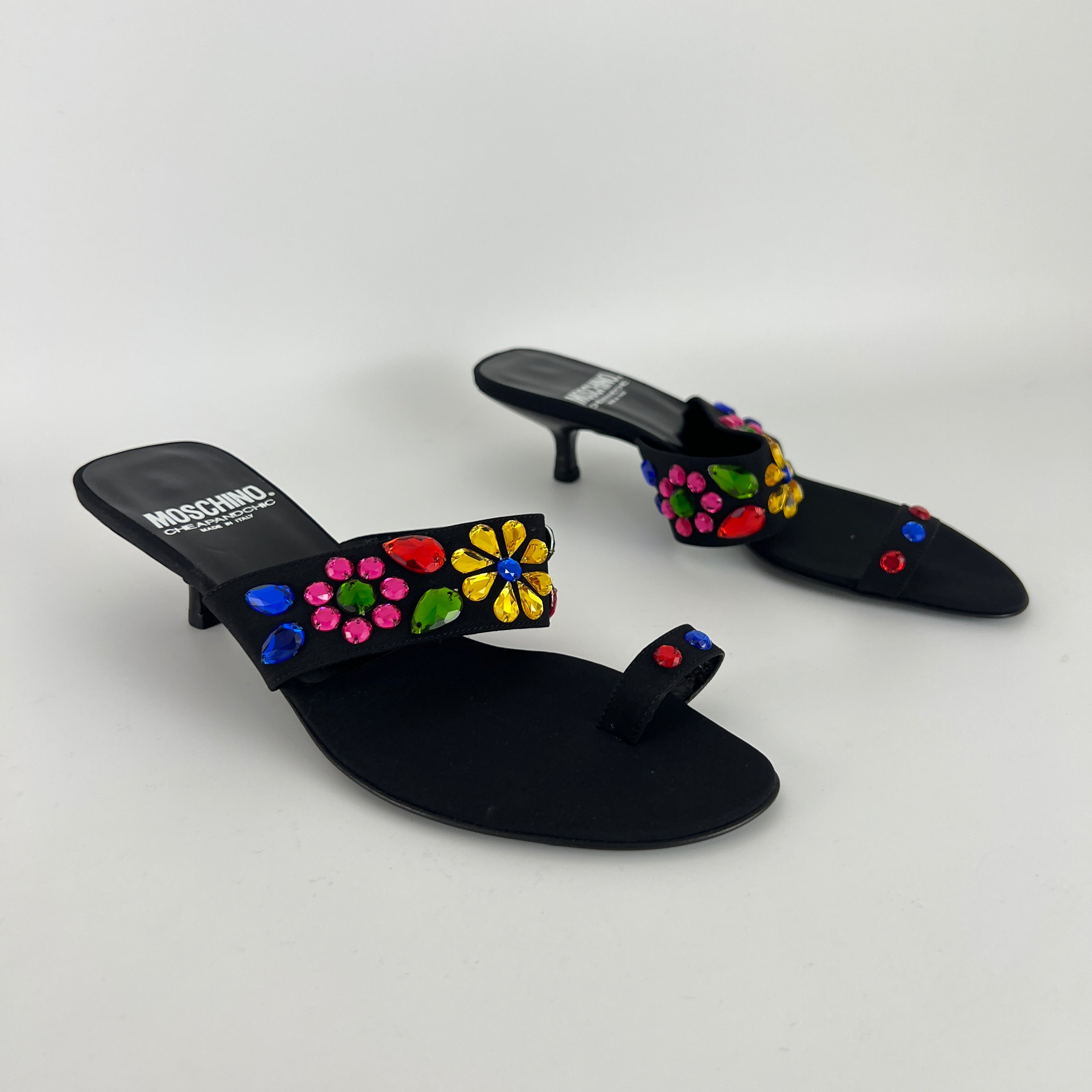Moschino | Colourful Floral Rhinestone Gems Black Sandal Kitten Heels (36.5)