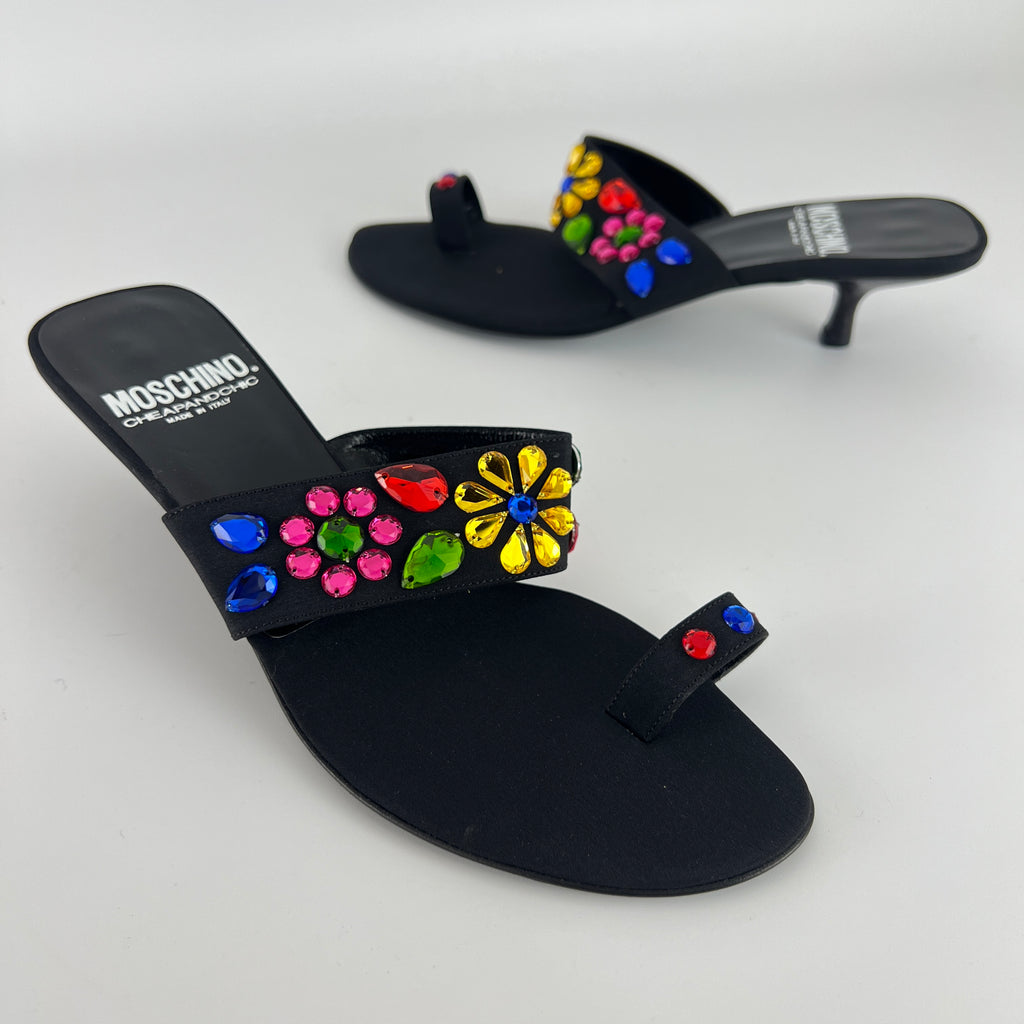 Moschino | Colourful Floral Rhinestone Gems Black Sandal Kitten Heels (36.5)