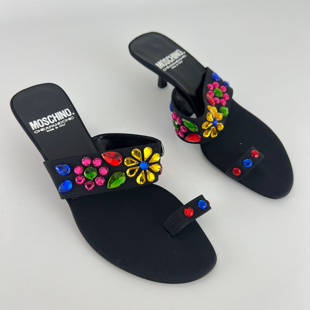 Moschino | Colourful Floral Rhinestone Gems Black Sandal Kitten Heels (36.5)