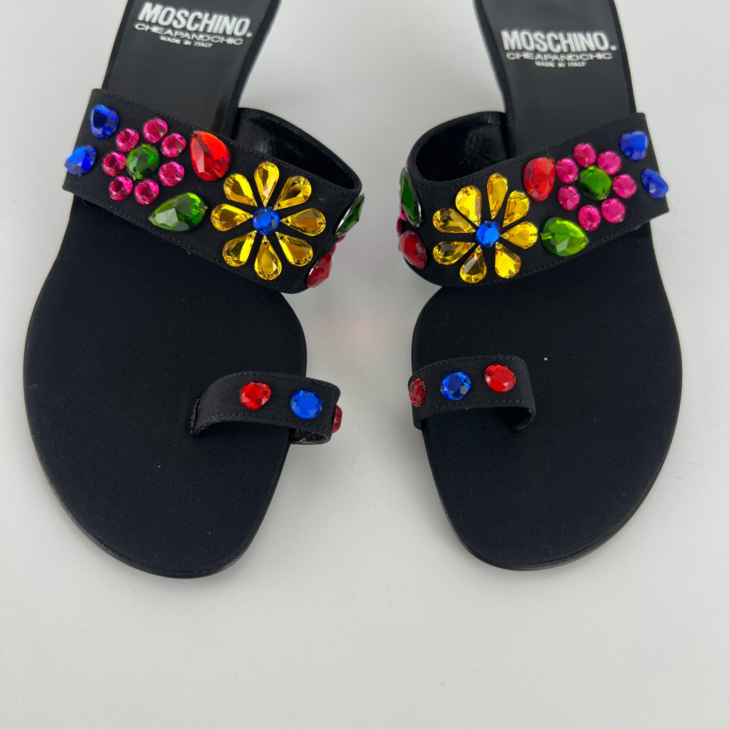 Moschino | Colourful Floral Rhinestone Gems Black Sandal Kitten Heels (36.5)