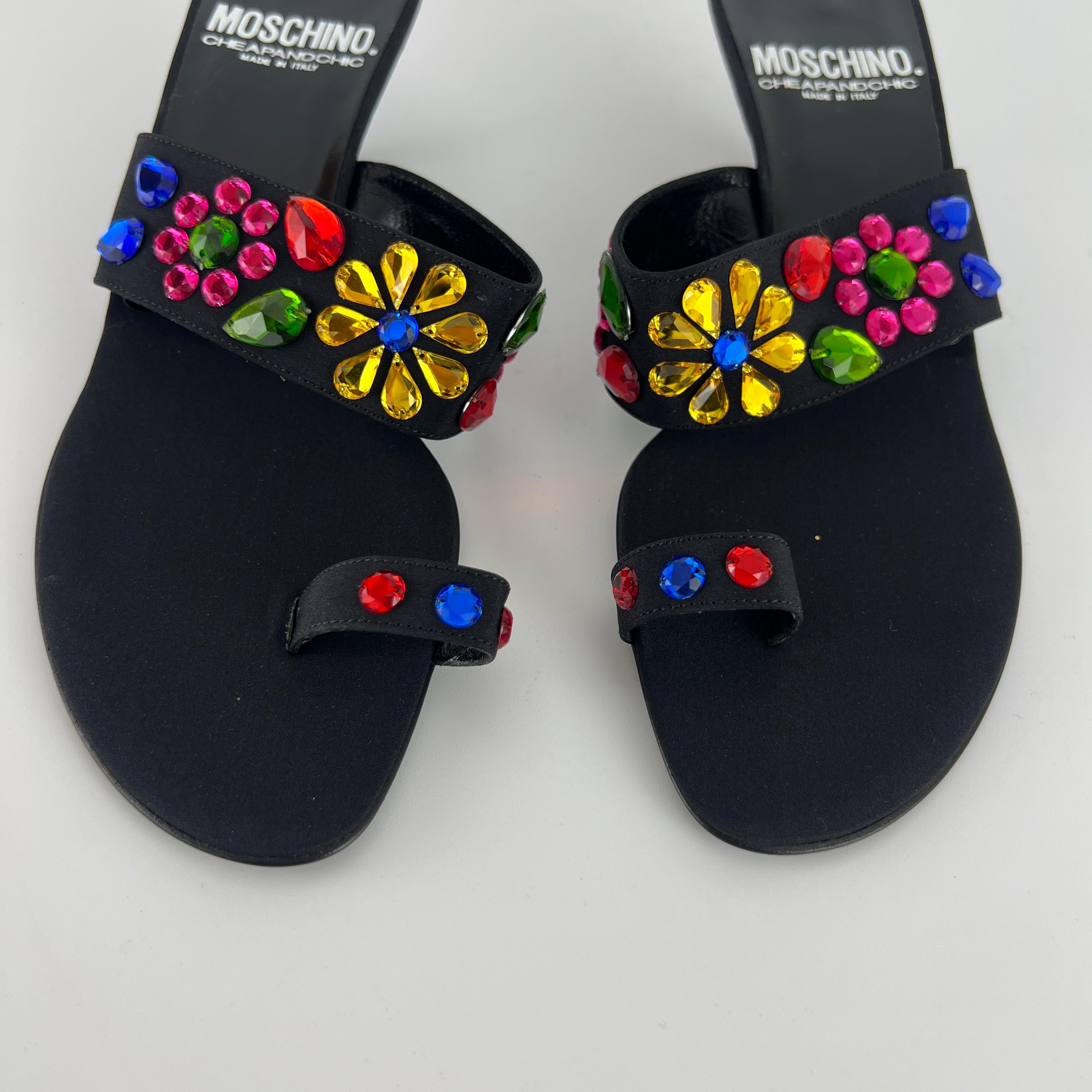 Moschino | Colourful Floral Rhinestone Gems Black Sandal Kitten Heels (36.5)