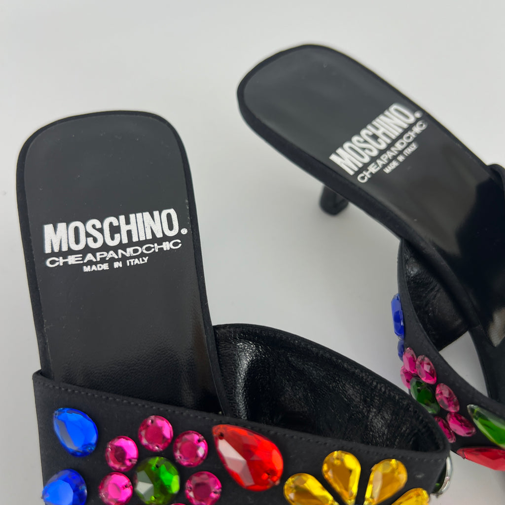 Moschino | Colourful Floral Rhinestone Gems Black Sandal Kitten Heels (36.5)