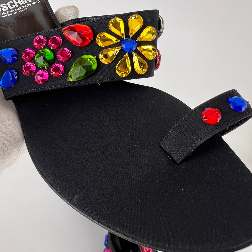 Moschino | Colourful Floral Rhinestone Gems Black Sandal Kitten Heels (36.5)