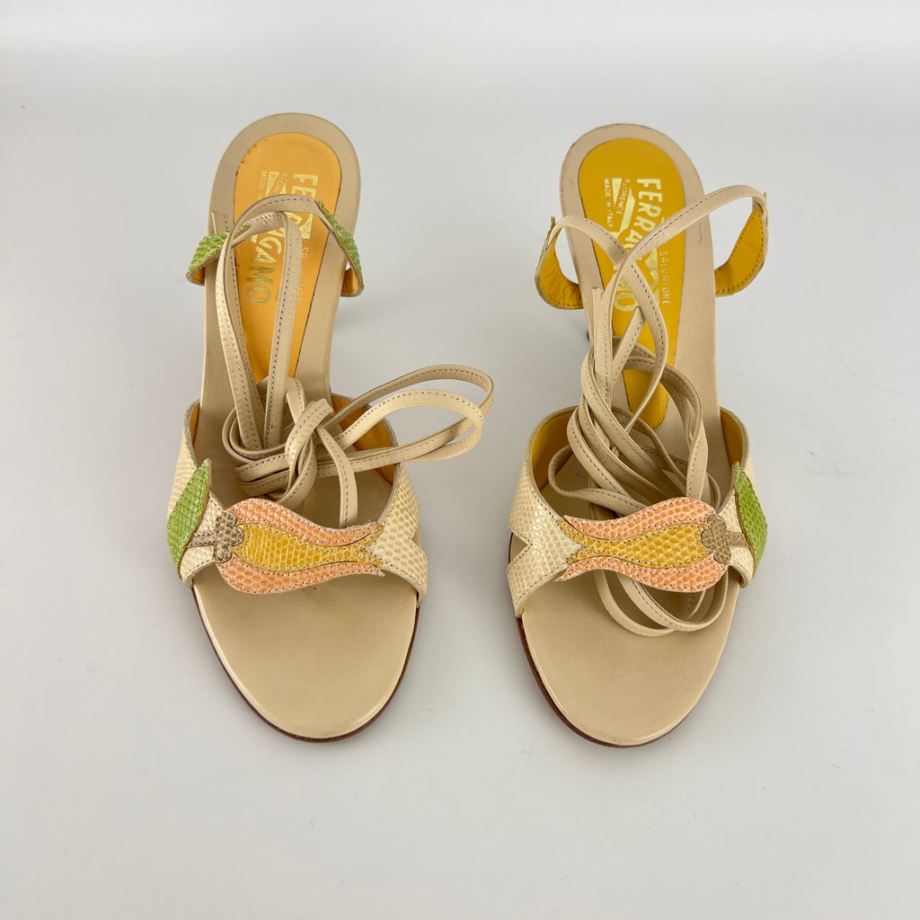 Ferragamo | Exotic Leather Tulip Flower Cream Lace Up Heels (6 , 36)