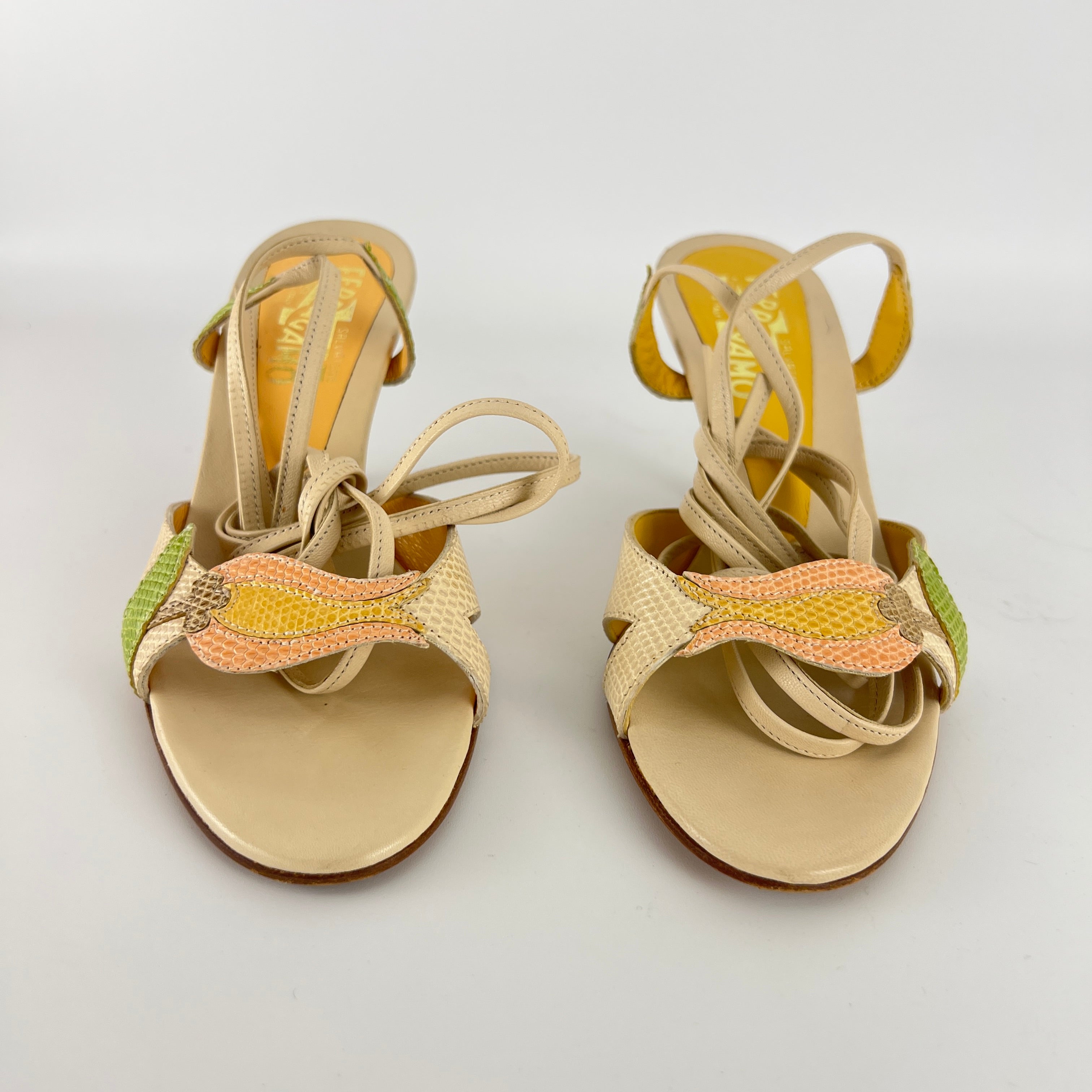 Ferragamo | Exotic Leather Tulip Flower Cream Lace Up Heels (6 , 36)