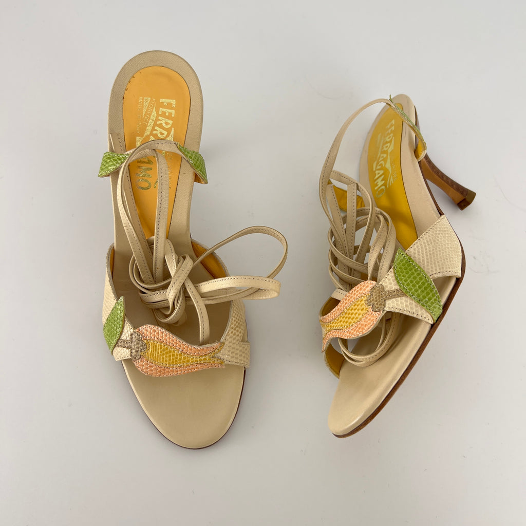 Ferragamo | Exotic Leather Tulip Flower Cream Lace Up Heels (6 , 36)