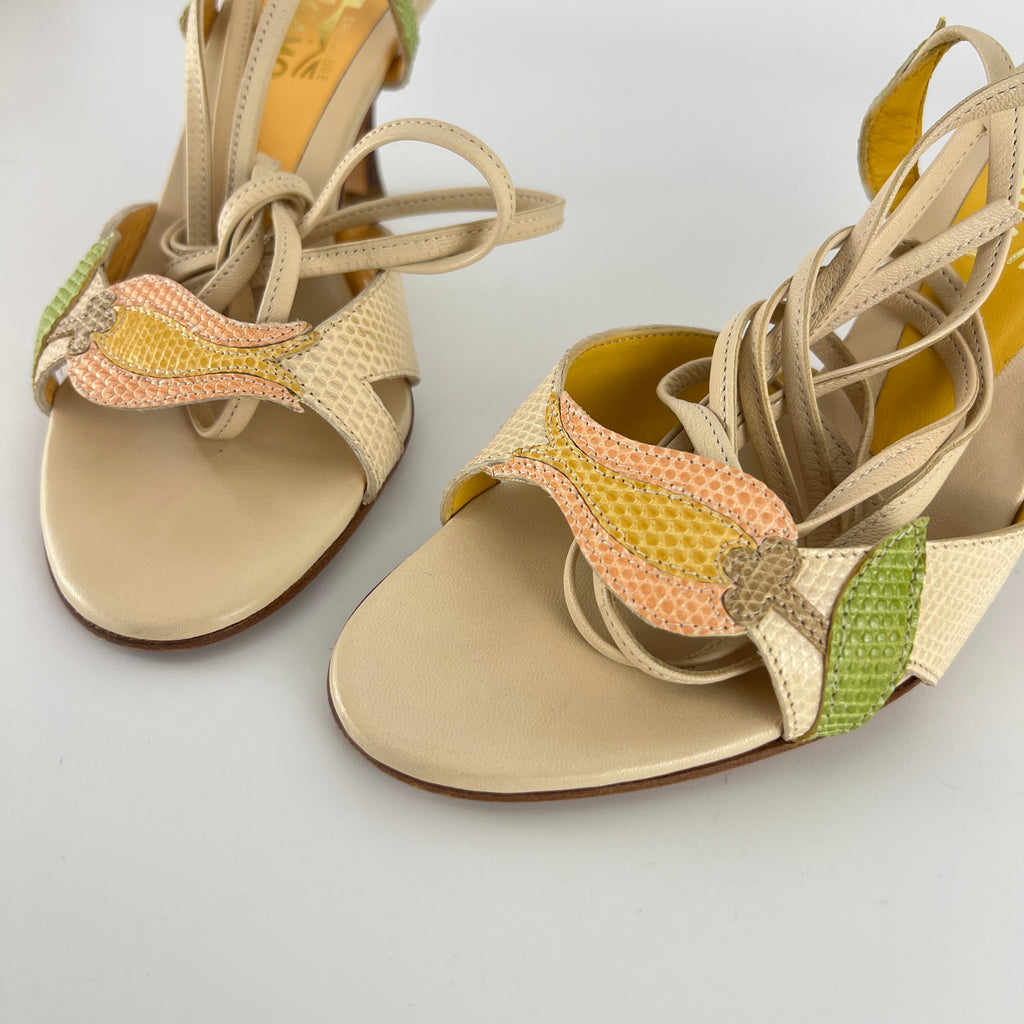 Ferragamo | Exotic Leather Tulip Flower Cream Lace Up Heels (6 , 36)