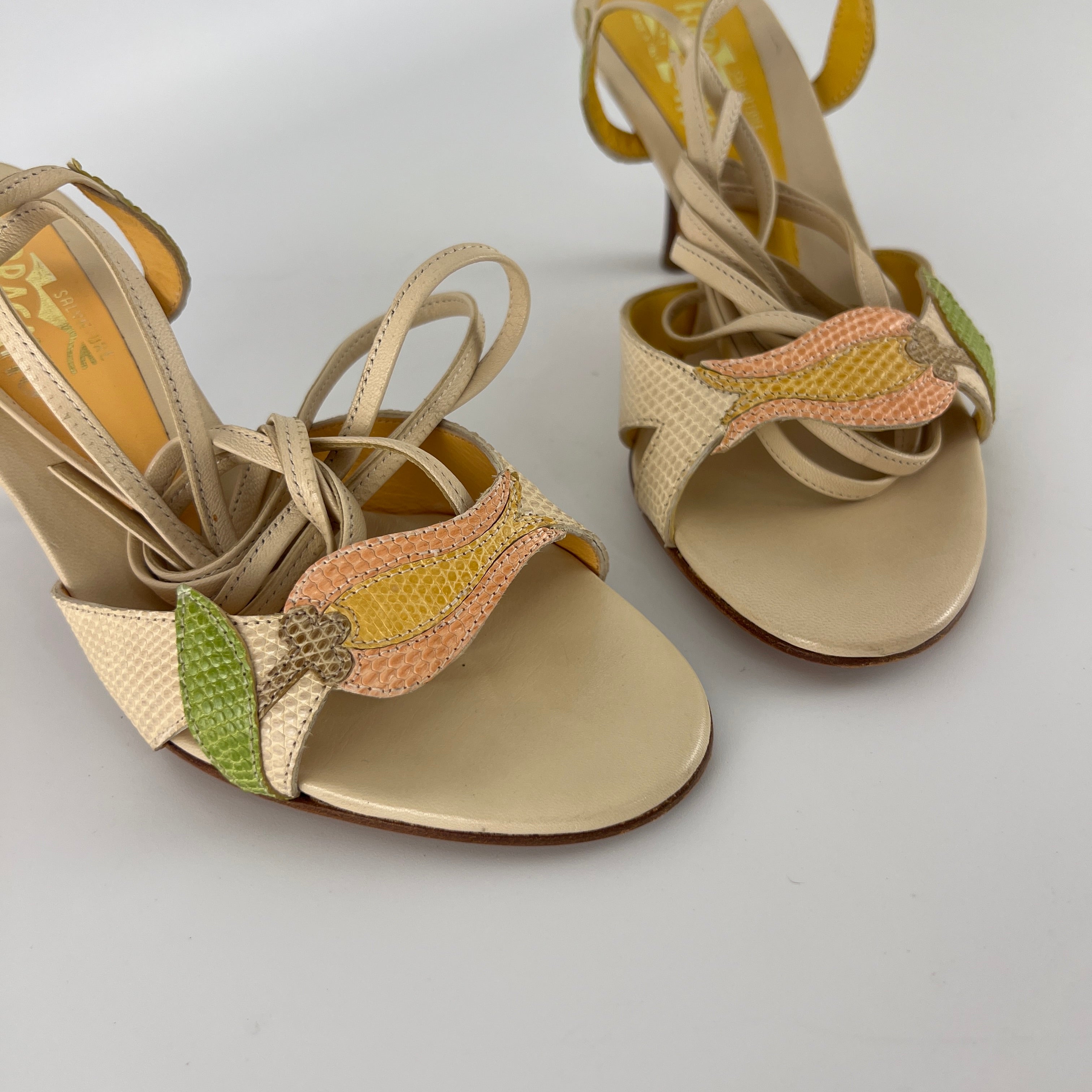 Ferragamo | Exotic Leather Tulip Flower Cream Lace Up Heels (6 , 36)