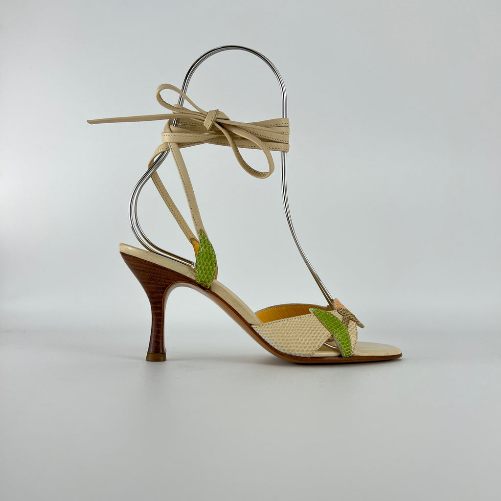 Ferragamo | Exotic Leather Tulip Flower Cream Lace Up Heels (6 , 36)