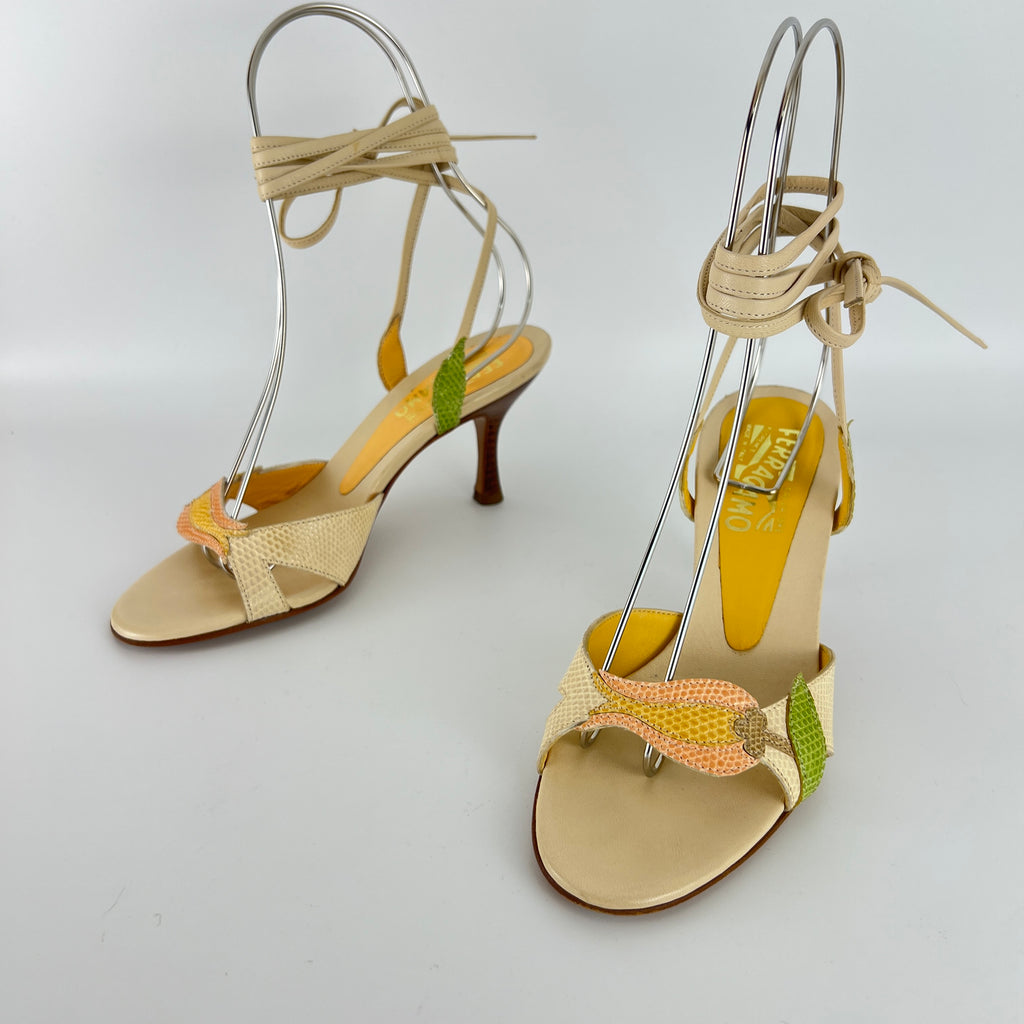 Ferragamo | Exotic Leather Tulip Flower Cream Lace Up Heels (6 , 36)