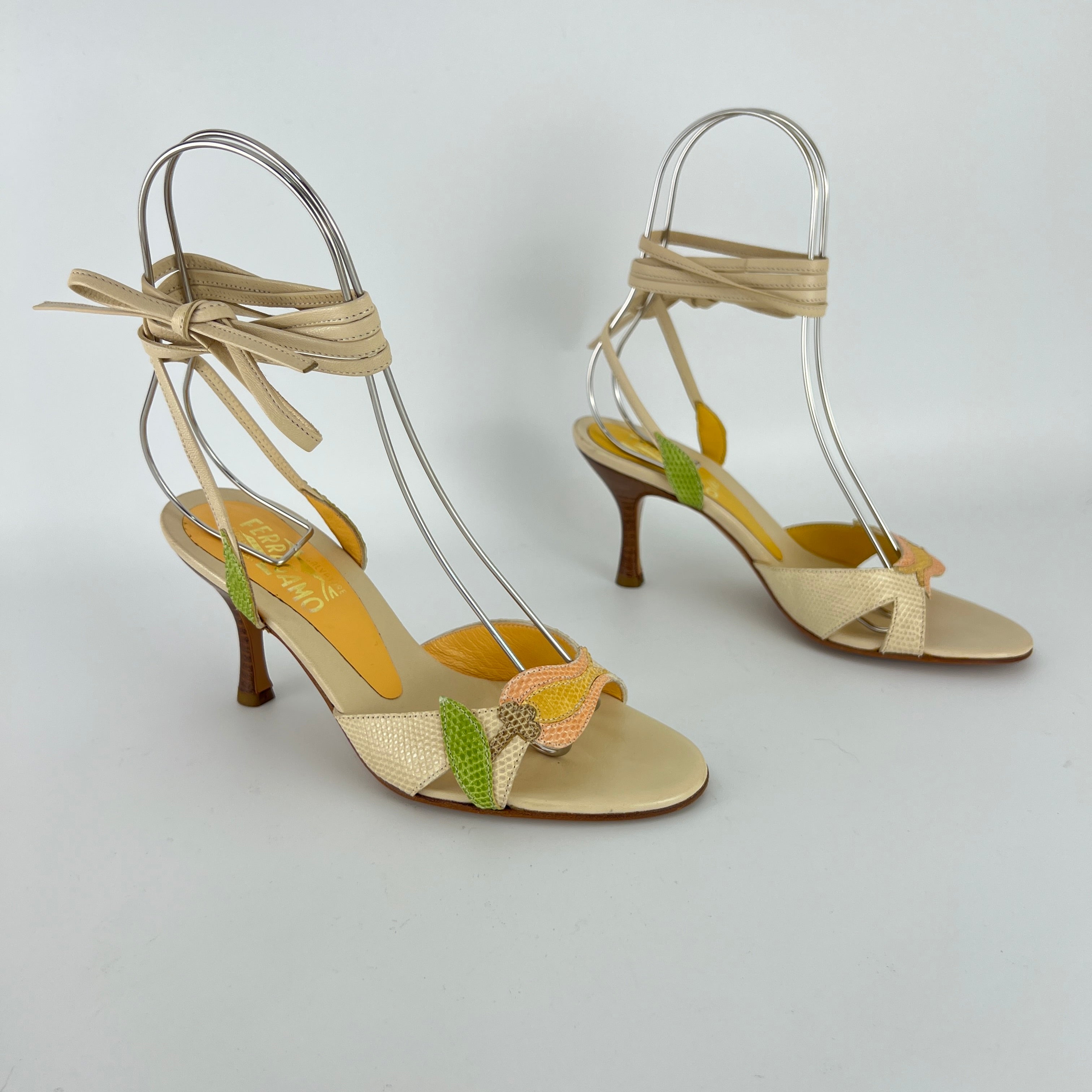 Ferragamo | Exotic Leather Tulip Flower Cream Lace Up Heels (6 , 36)
