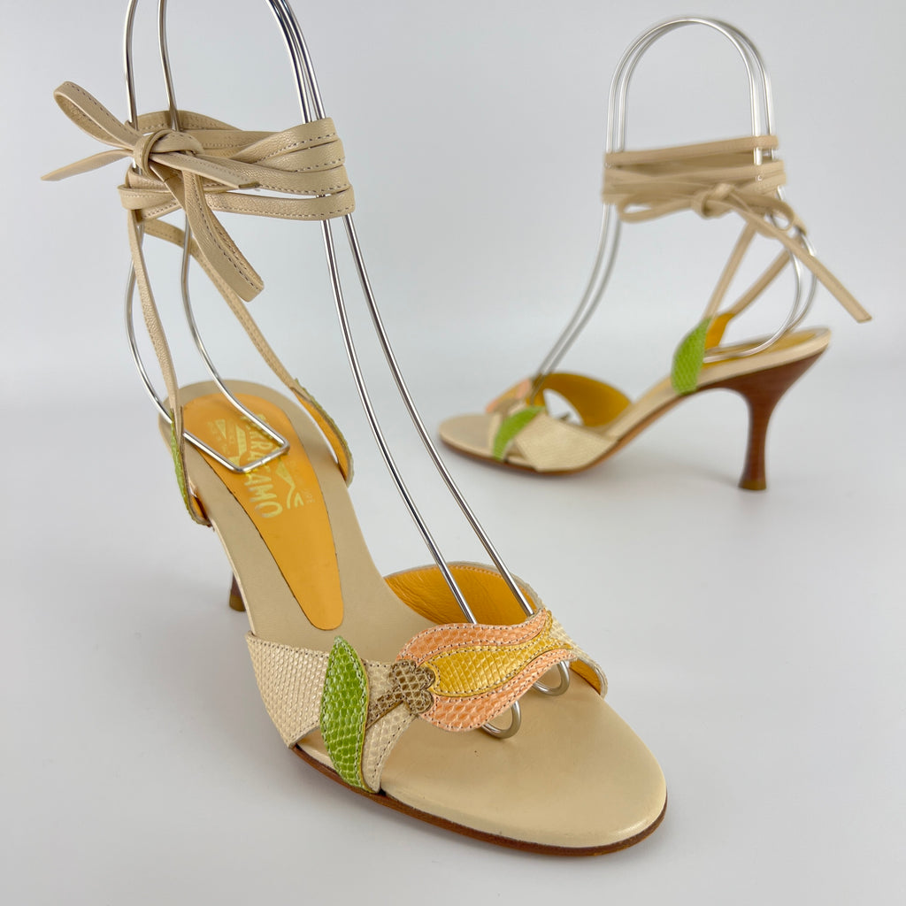 Ferragamo | Exotic Leather Tulip Flower Cream Lace Up Heels (6 , 36)