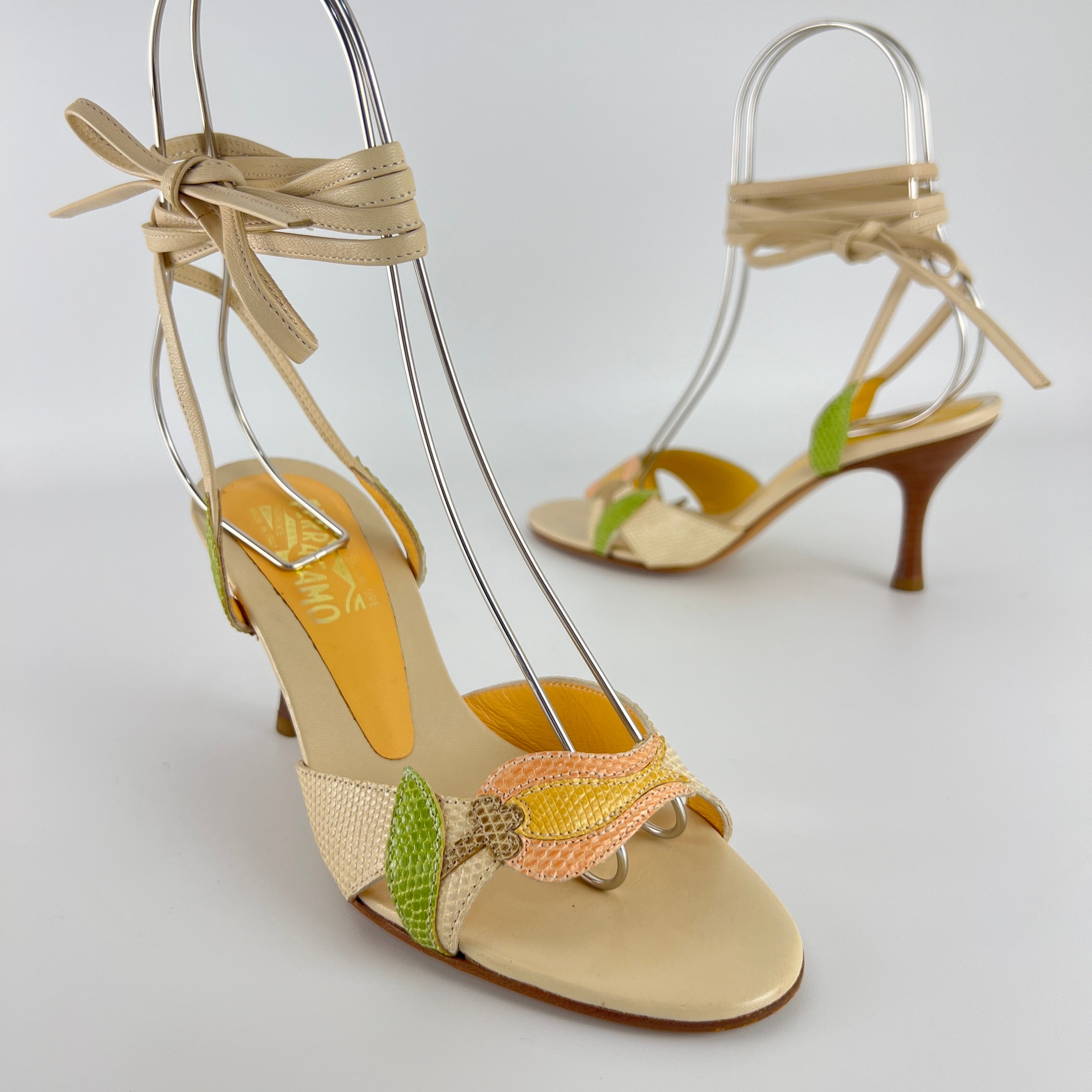 Ferragamo | Exotic Leather Tulip Flower Cream Lace Up Heels (6 , 36)