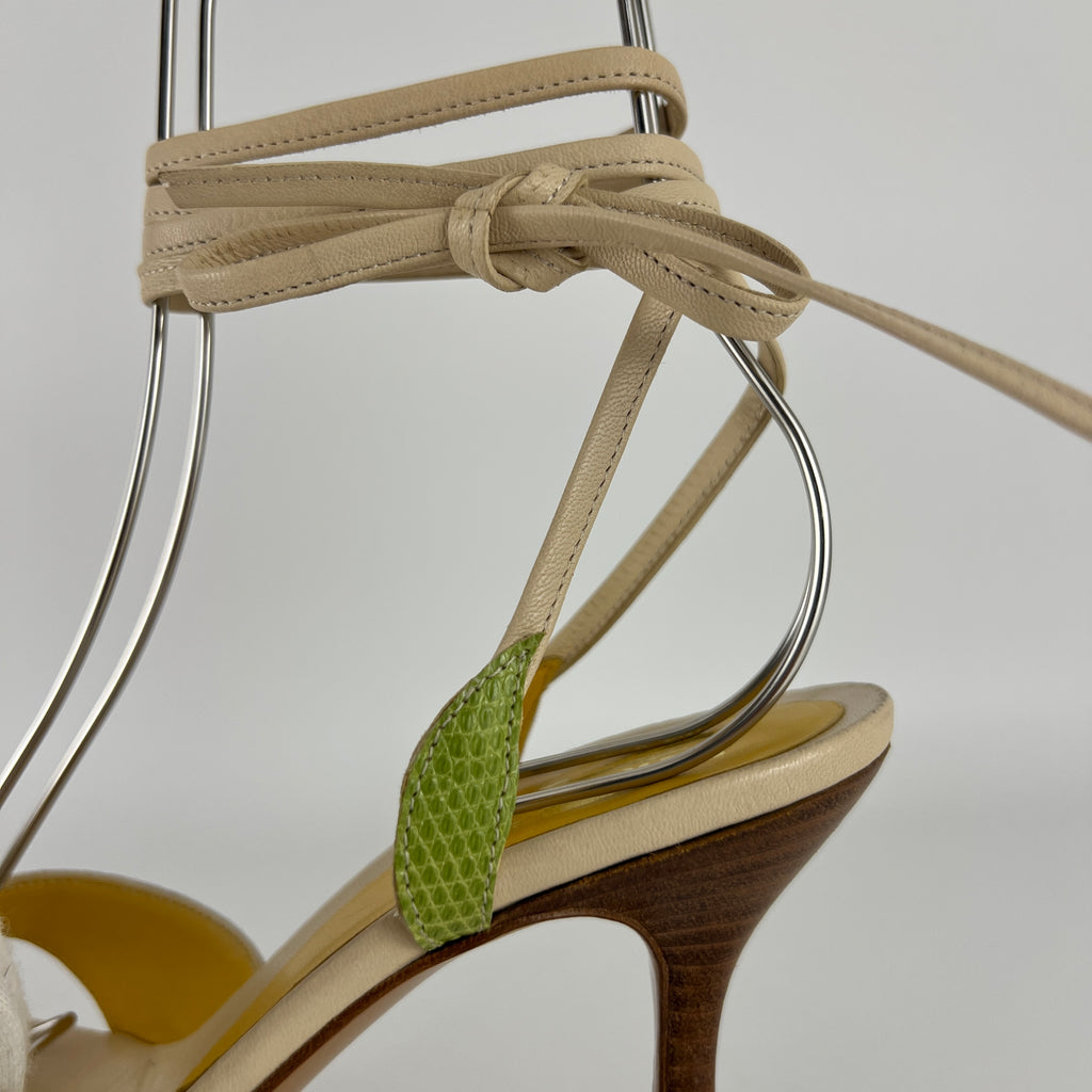 Ferragamo | Exotic Leather Tulip Flower Cream Lace Up Heels (6 , 36)