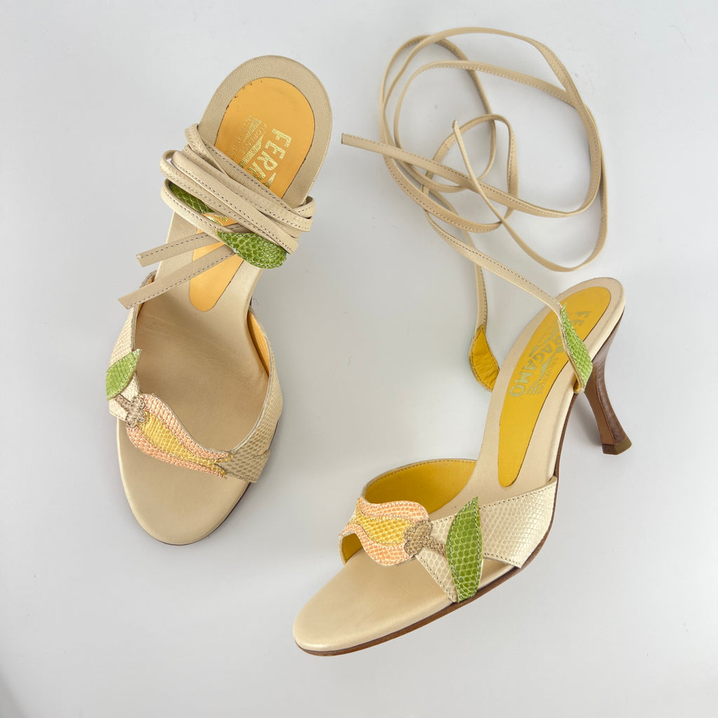 Ferragamo | Exotic Leather Tulip Flower Cream Lace Up Heels (6 , 36)