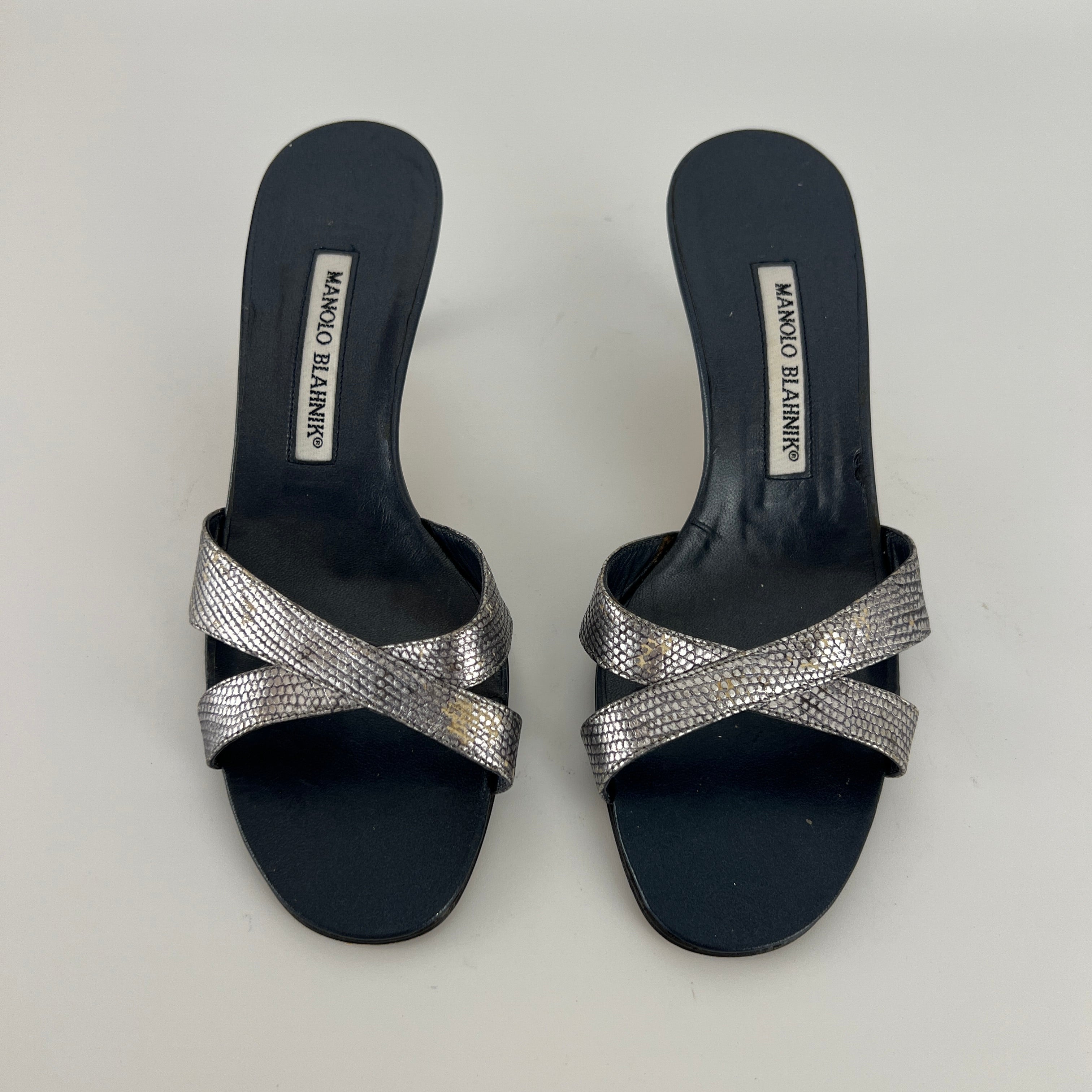Manolo Blahnik | Vintage Metallic Snake Embossed Dark Navy Leather Cross Strap Mule (37)