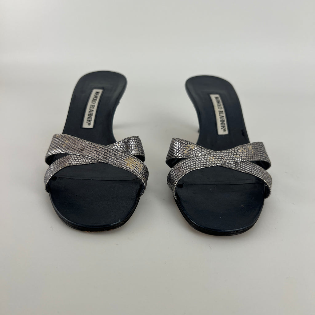 Manolo Blahnik | Vintage Metallic Snake Embossed Dark Navy Leather Cross Strap Mule (37)