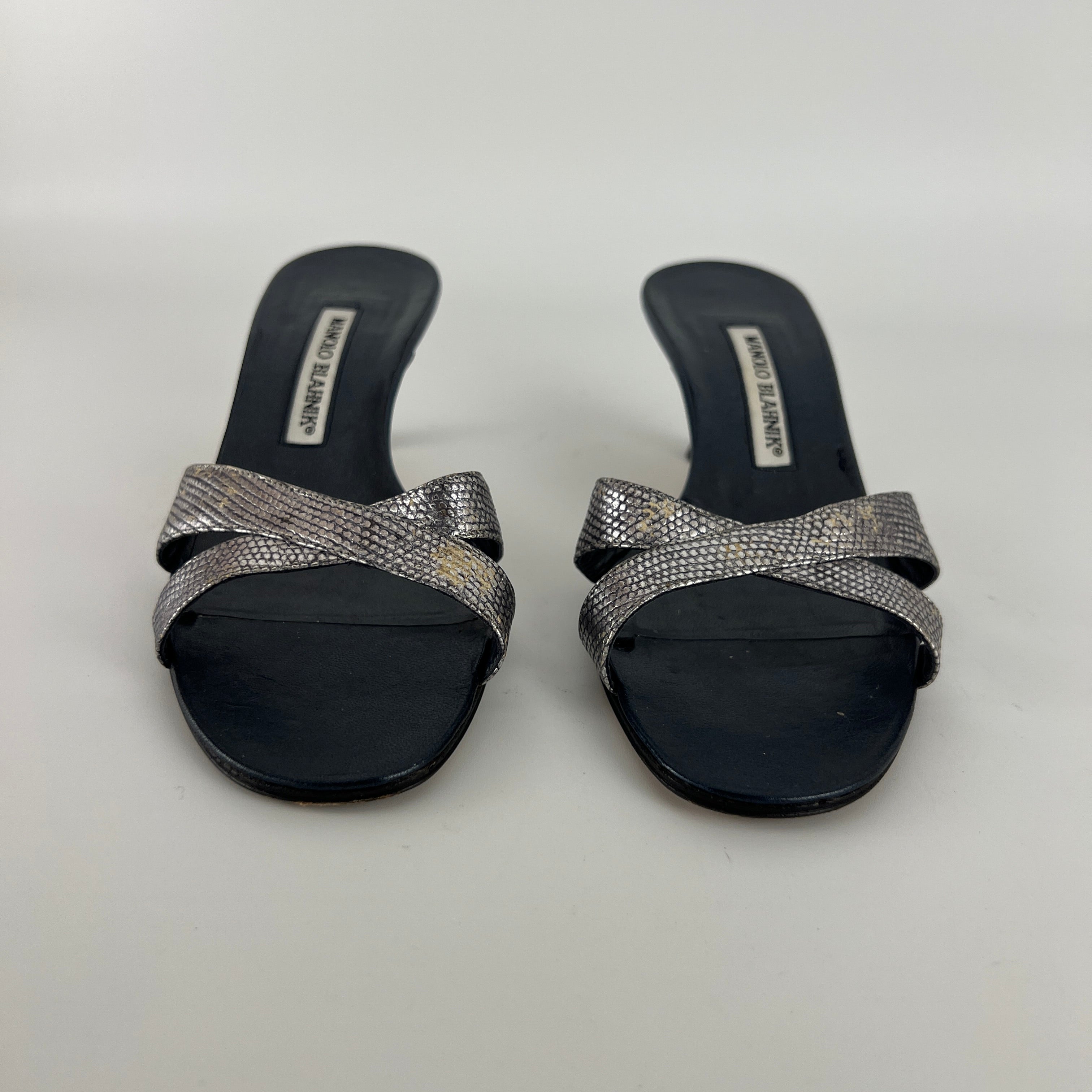 Manolo Blahnik | Vintage Metallic Snake Embossed Dark Navy Leather Cross Strap Mule (37)