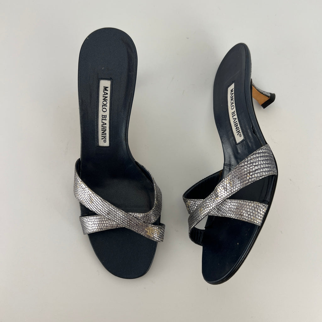 Manolo Blahnik | Vintage Metallic Snake Embossed Dark Navy Leather Cross Strap Mule (37)