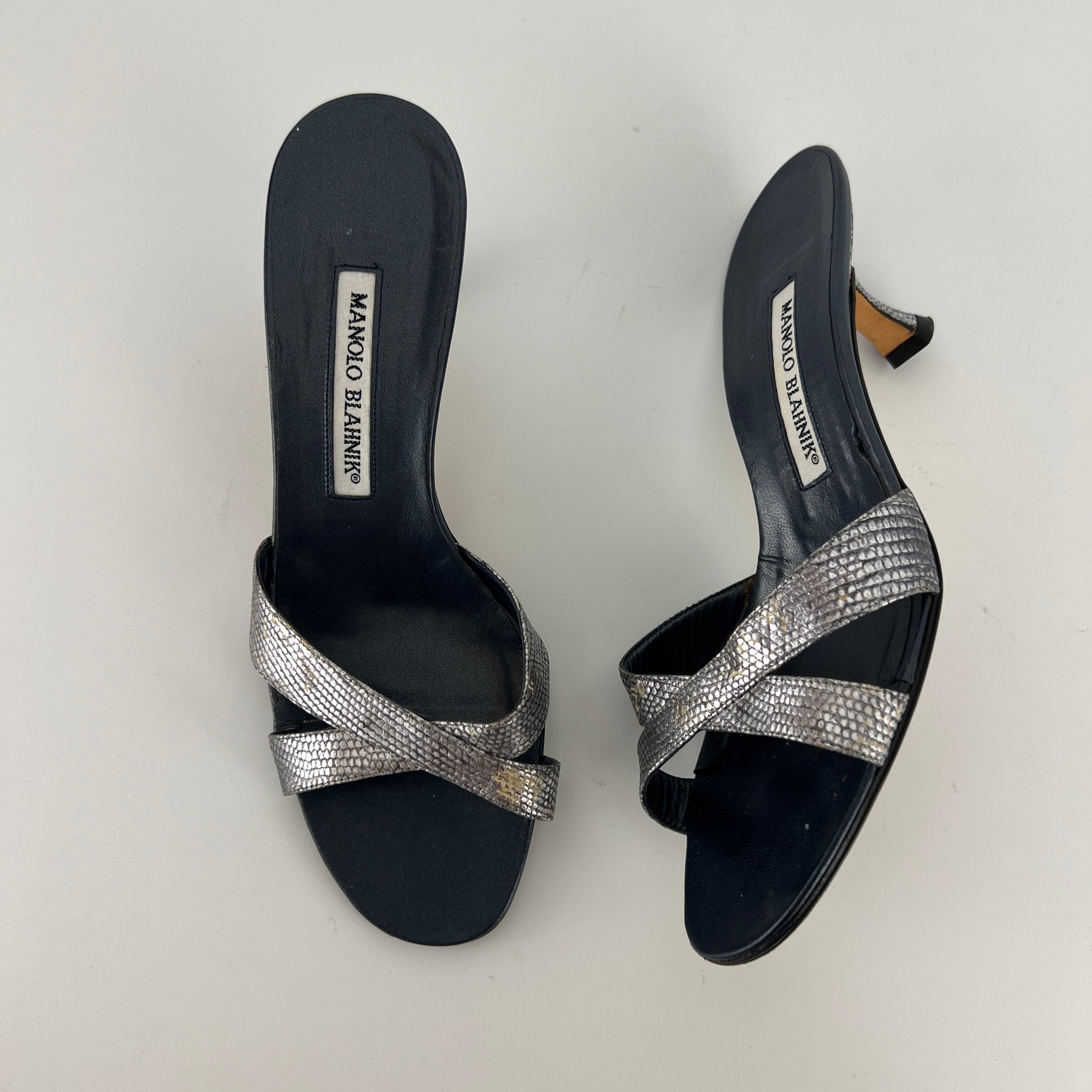 Manolo Blahnik | Vintage Metallic Snake Embossed Dark Navy Leather Cross Strap Mule (37)